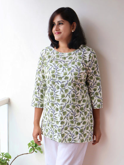 Leaf Green Floral Cotton Short Top