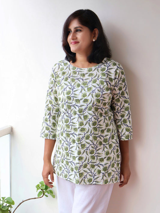 Leaf Green Floral Cotton Short Top