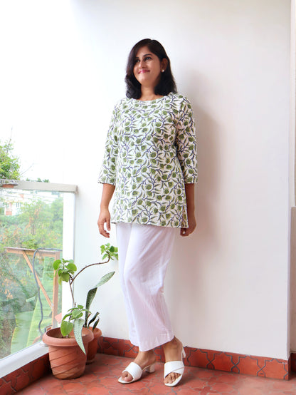 Leaf Green Floral Cotton Short Top