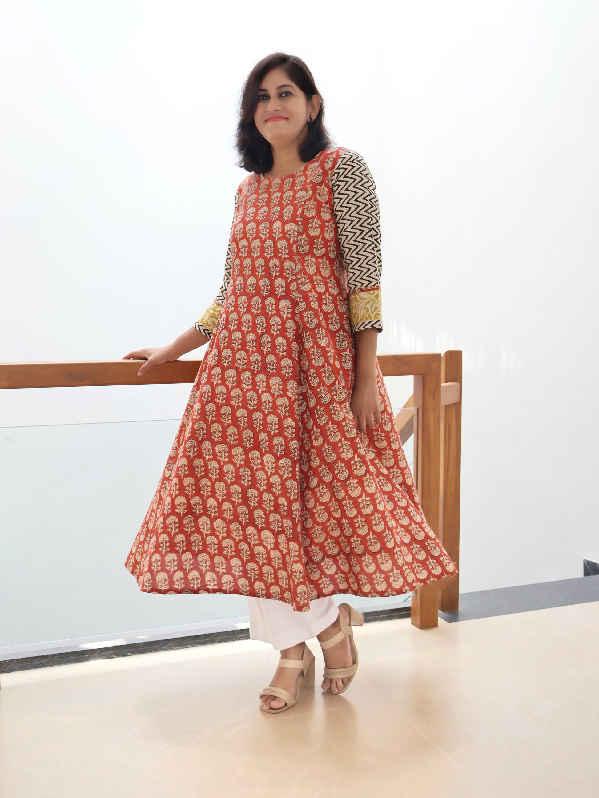 Red Coral Bagru Hand Block Cotton  Kurta