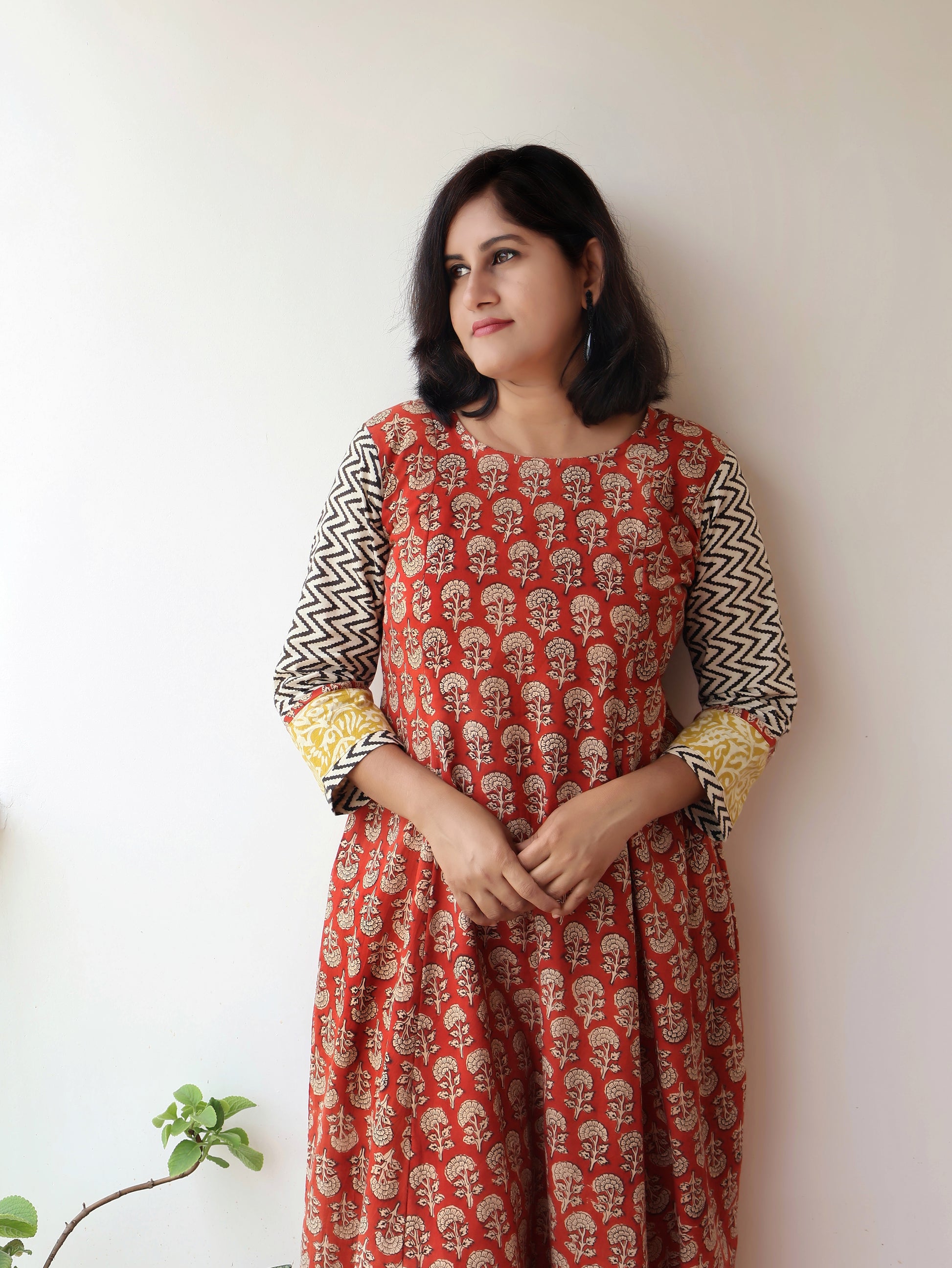 Red Coral Bagru Hand Block Cotton  Kurta