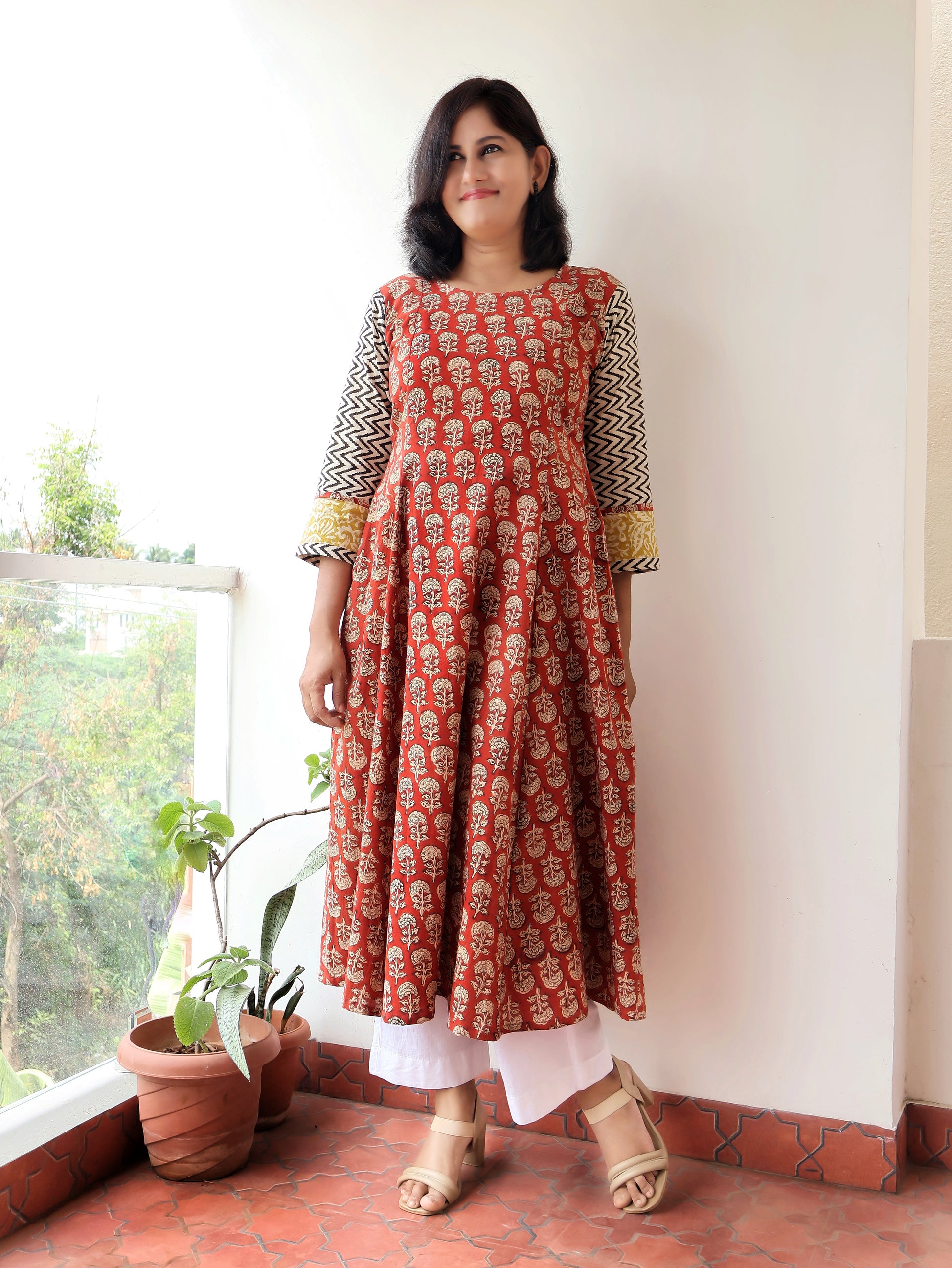 Red Coral Bagru Hand Block Cotton  Kurta
