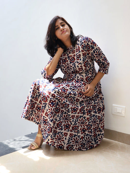 Charm Red Blue Batik Hand Block Paneled Long Kurta