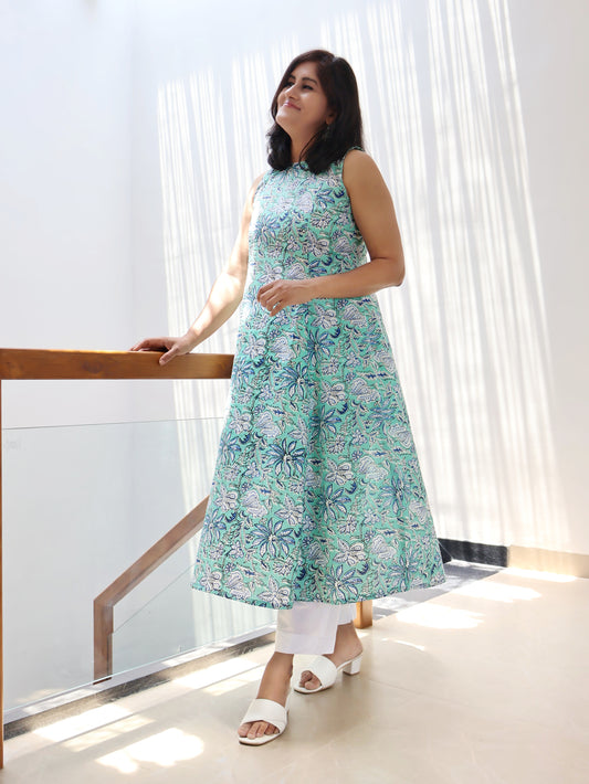 Turquoise Cotton Paneled Aline Dress