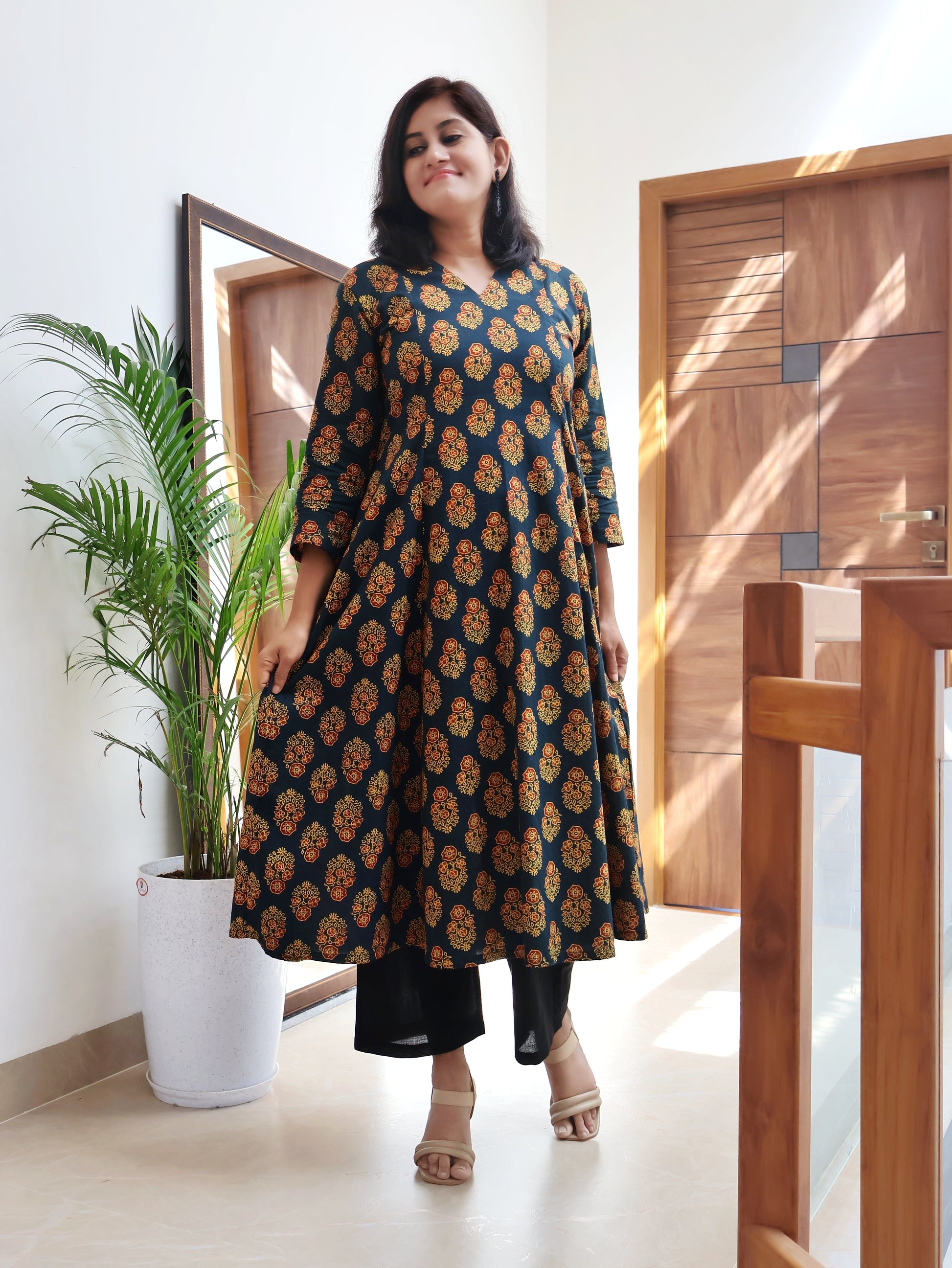Green Ajrakh Cotton Hand Block Print Kurta