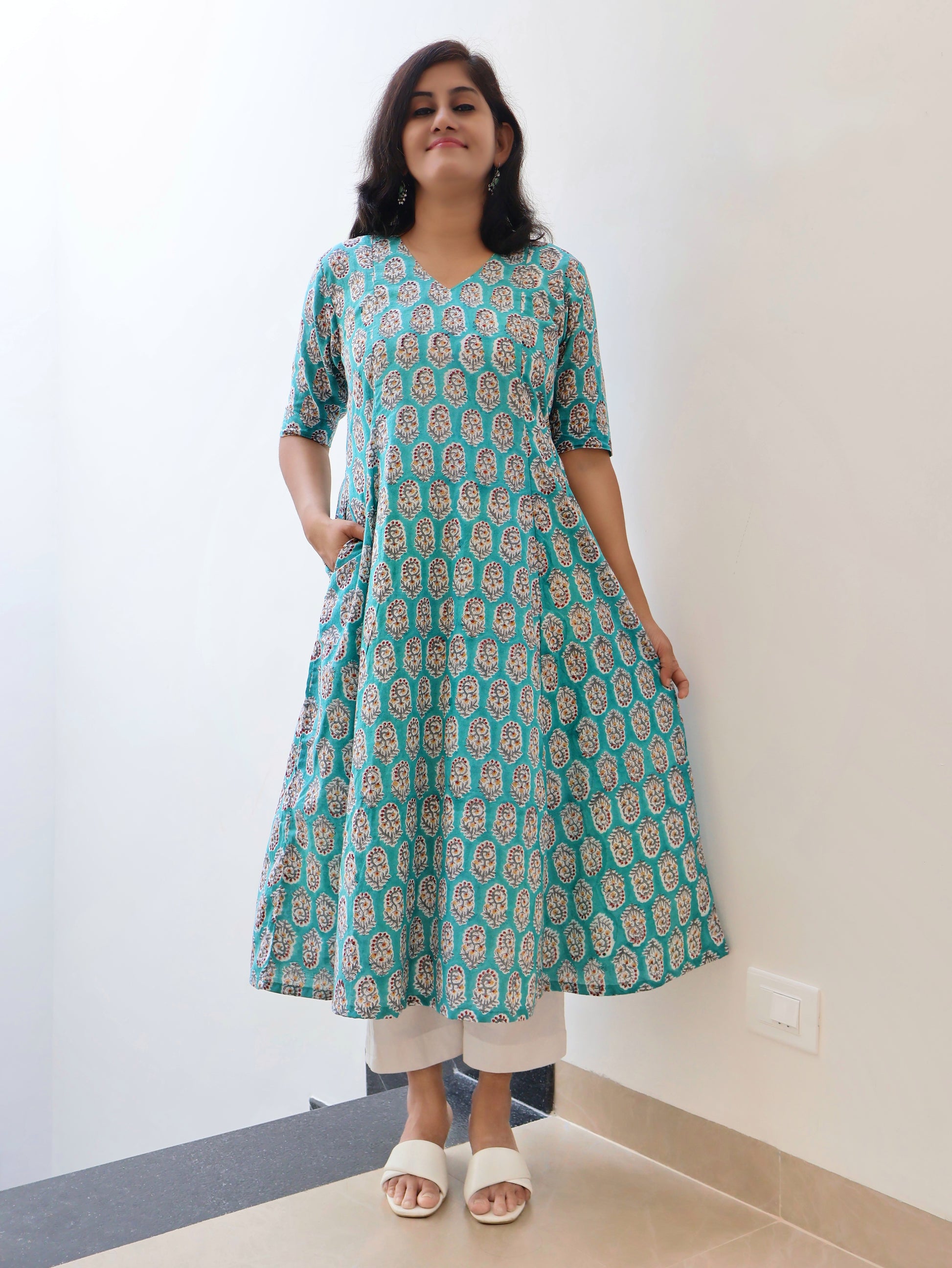 Turquoise Charm Sanganeri Hand Block Cotton Kurta