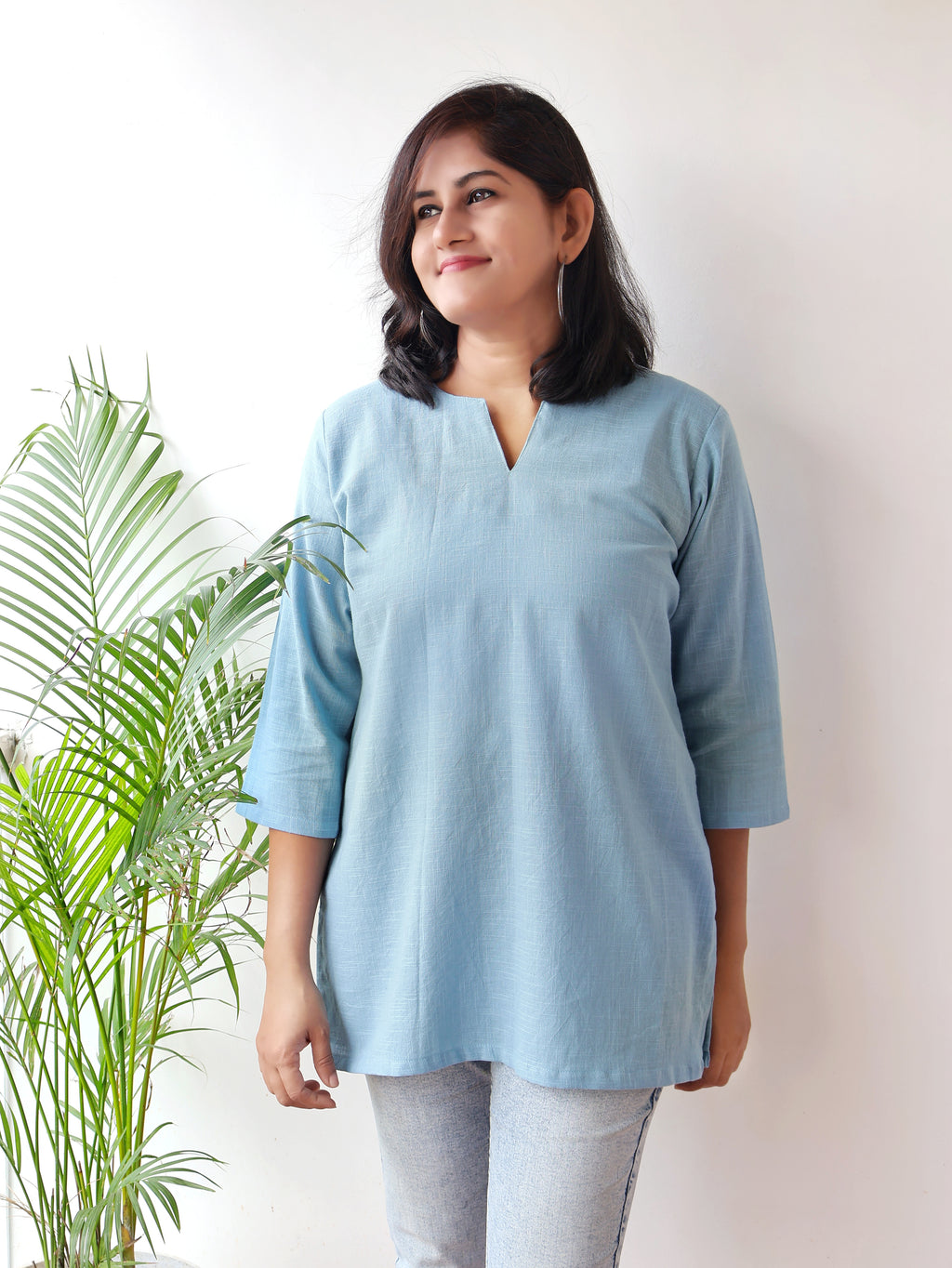 Blue Charming Slub Cotton Short Top