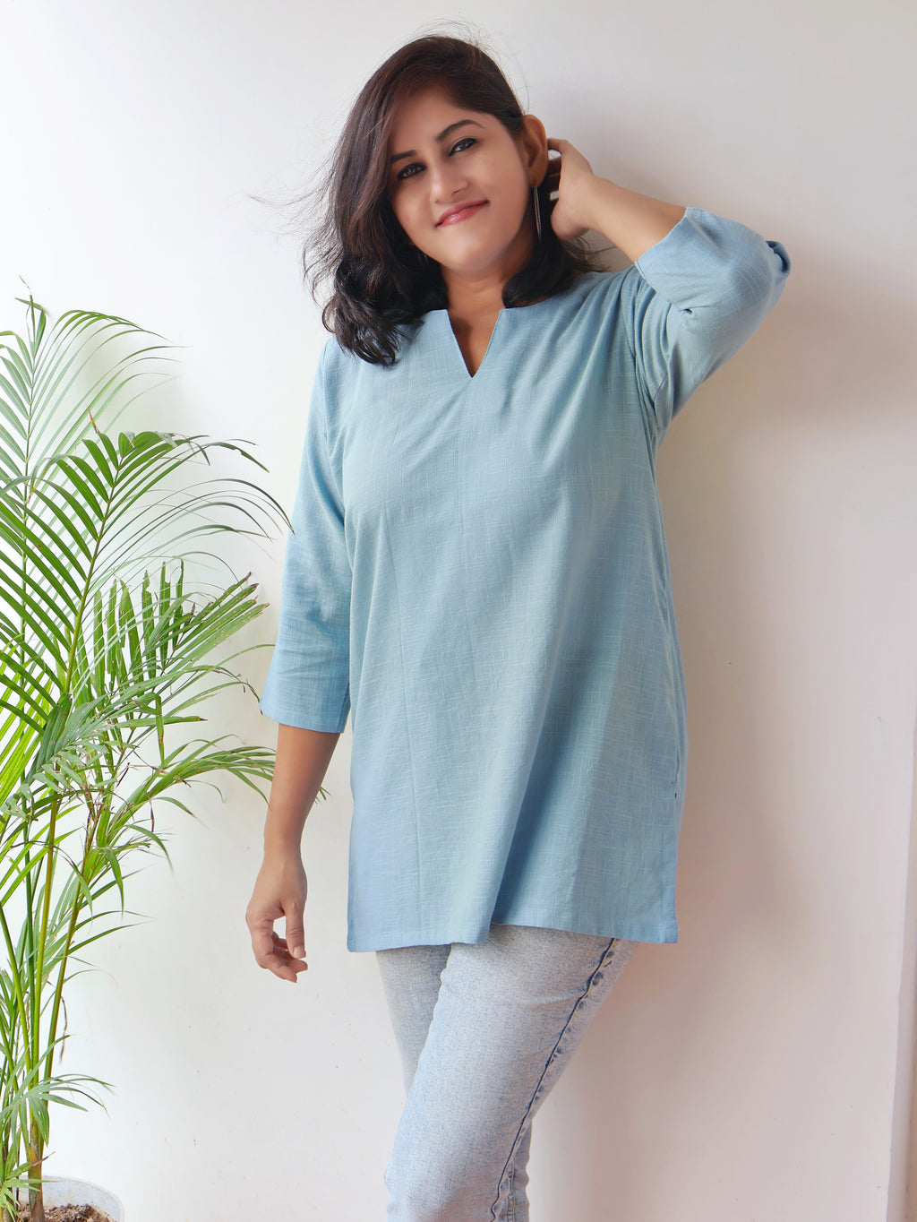 Blue Charming Slub Cotton Short Top