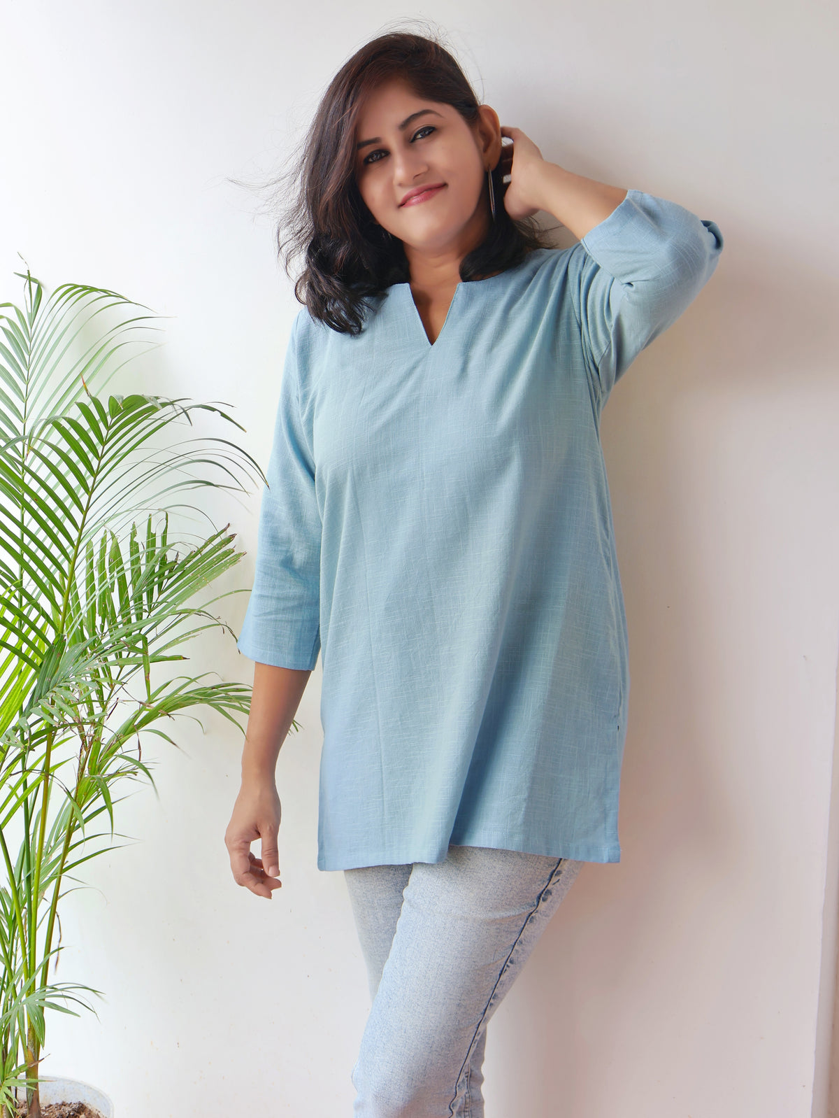 Blue Charming Slub Cotton Short Top