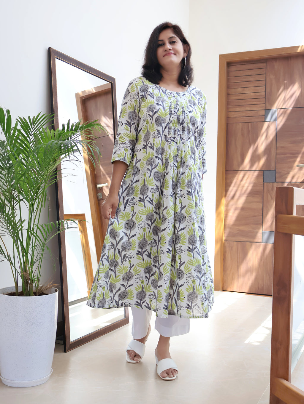 Snow White Cotton Pintuck A-line Long Kurta