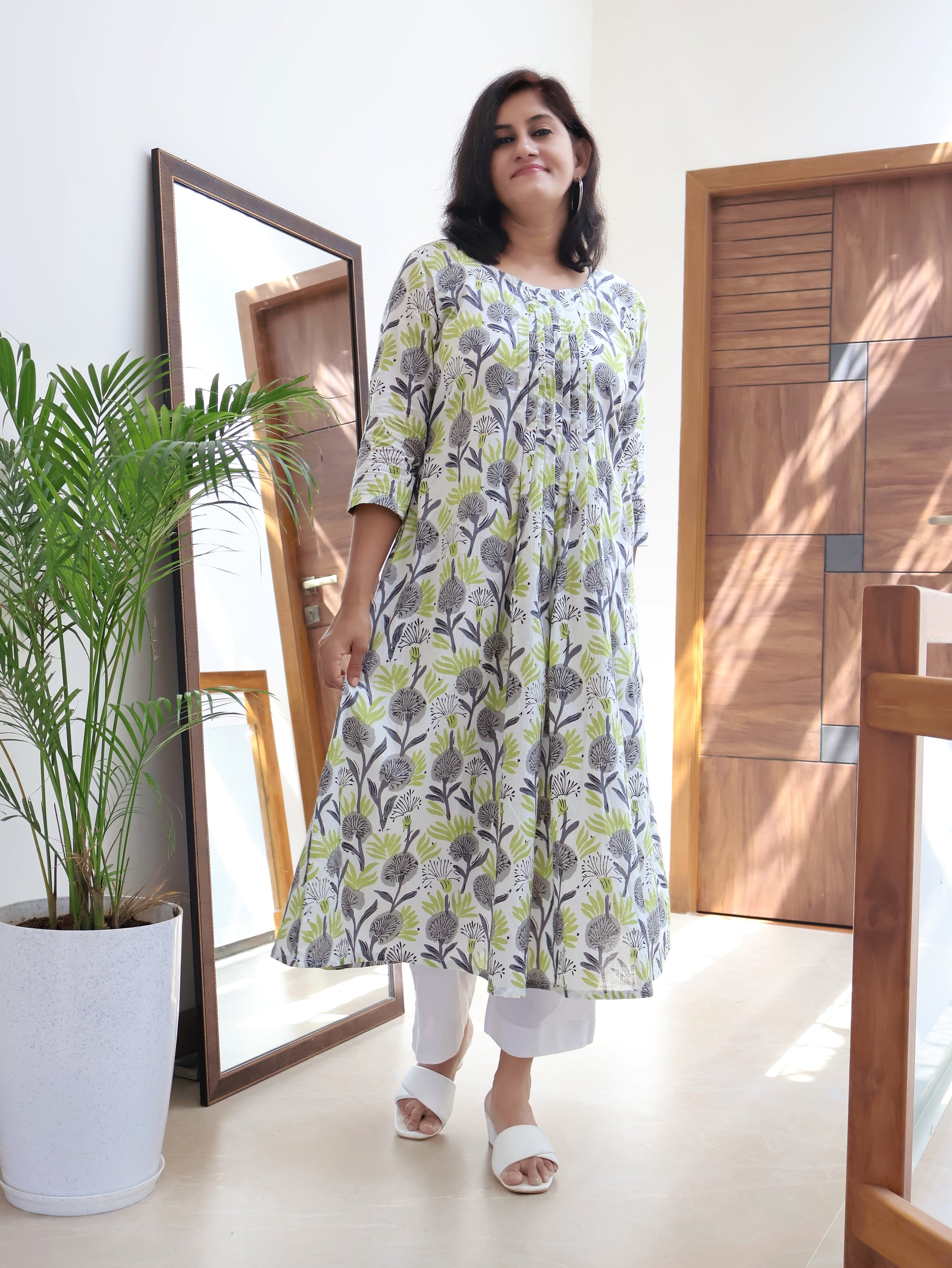 Snow White Cotton Pintuck A-line Long Kurta