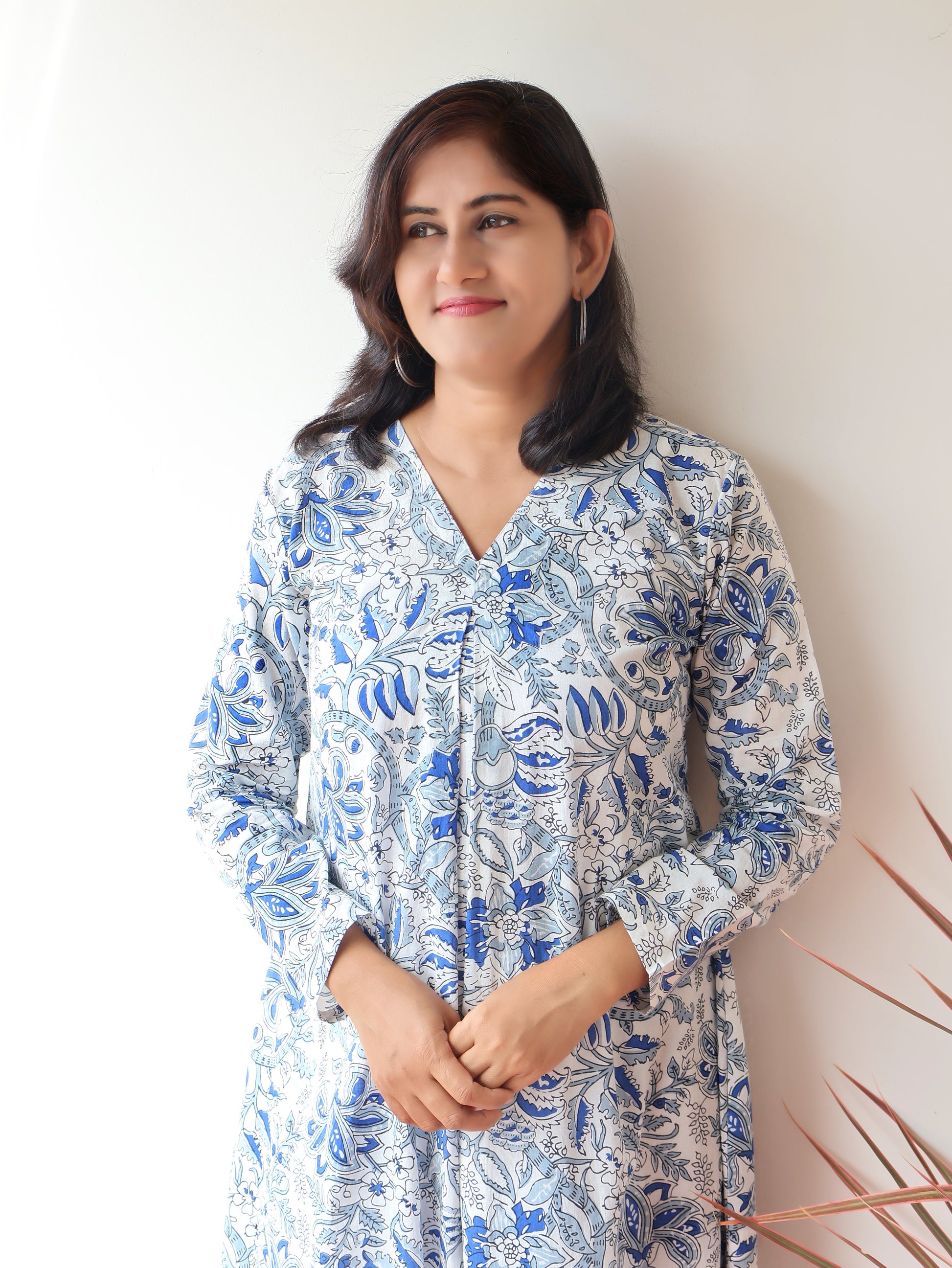 White Mist Blue Blossoms Aline Cotton Kurta