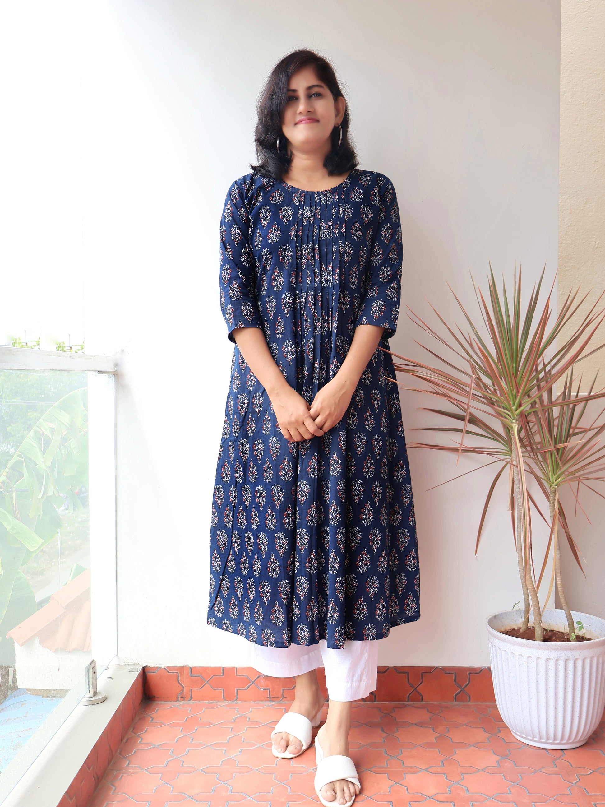 Berry Blue Cotton Pintuck Aline Kurta