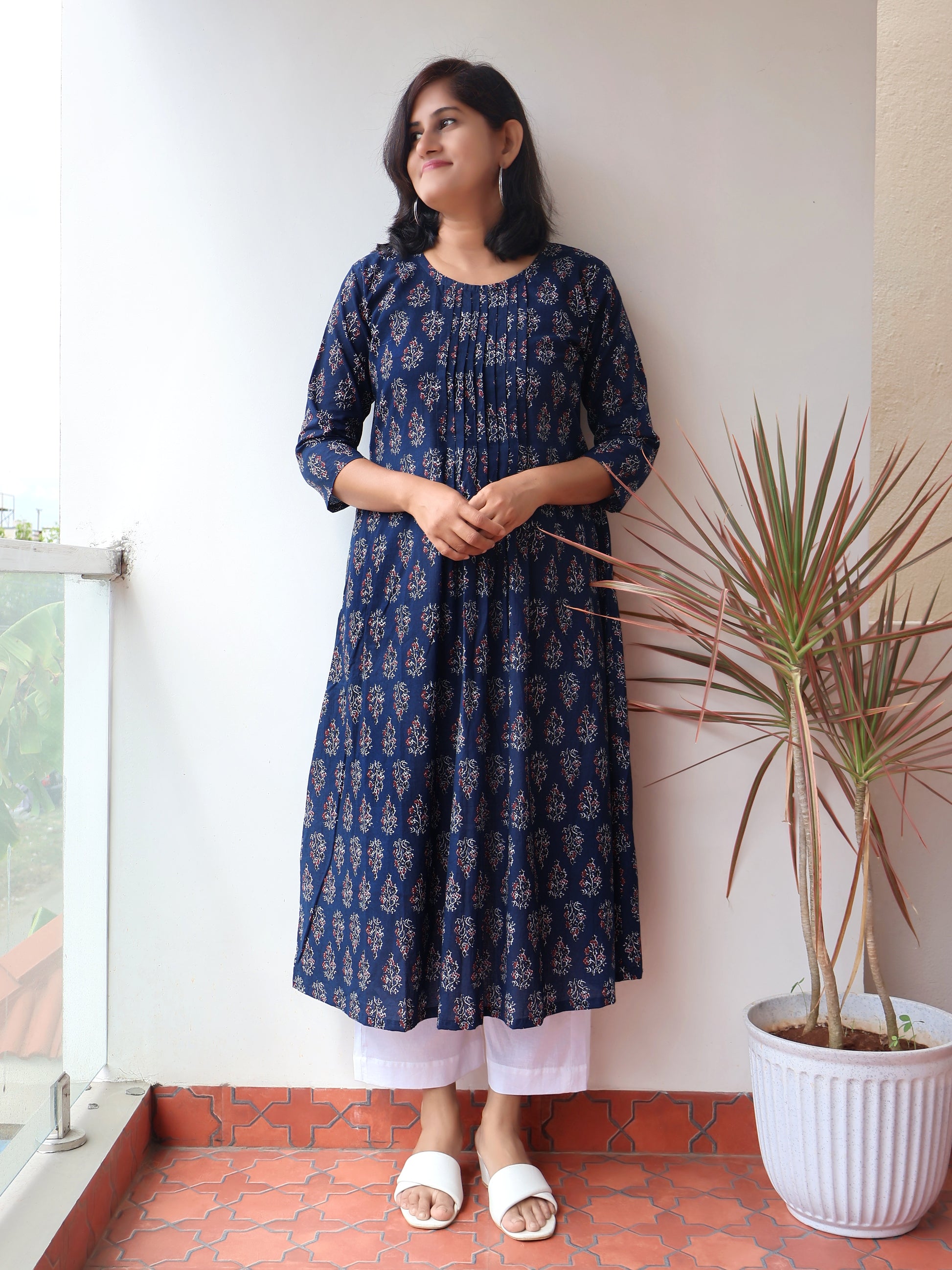 Berry Blue Cotton Pintuck Aline Kurta