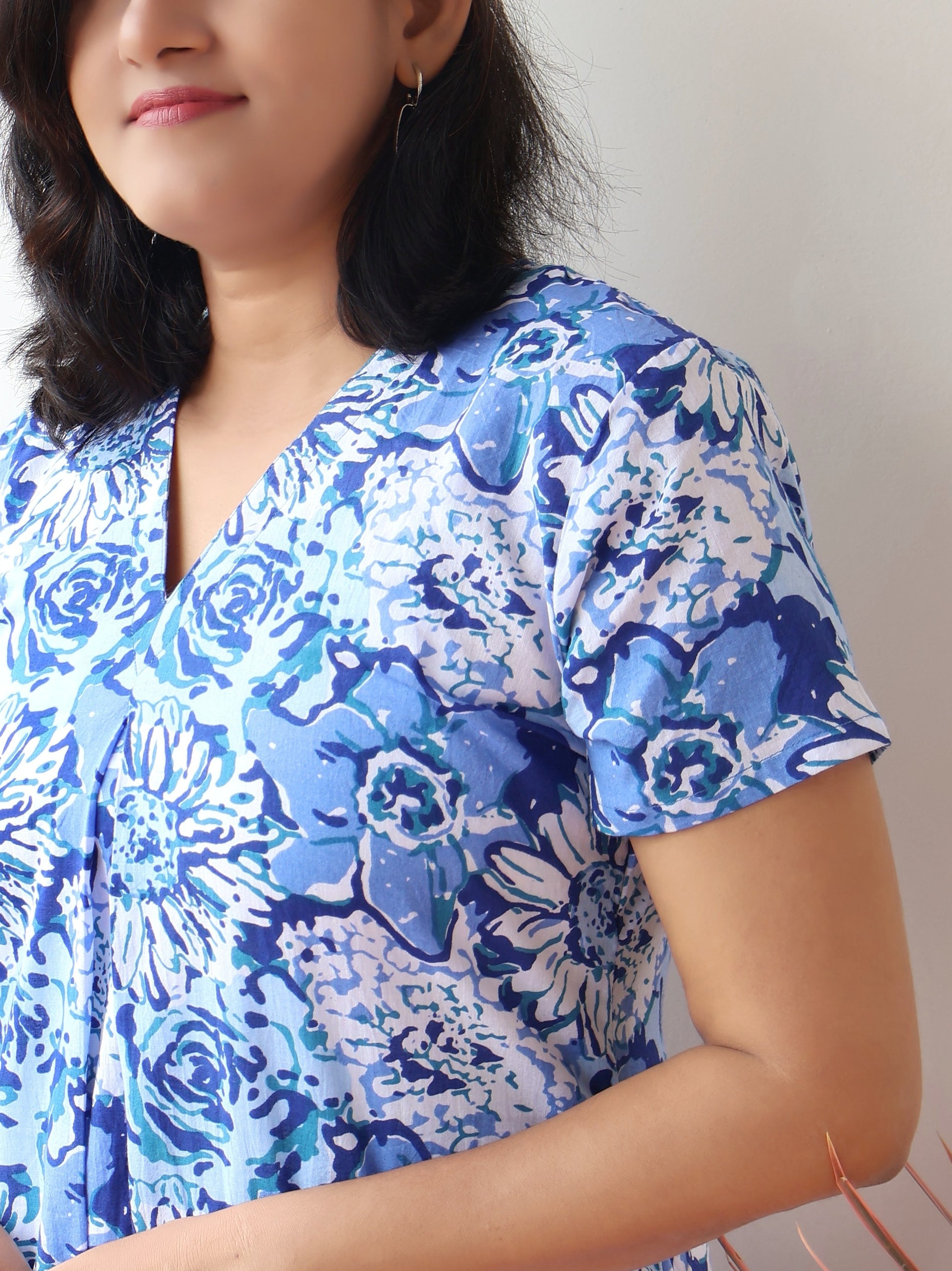 Blue Bloom Block Printed Cotton Aline Kurta