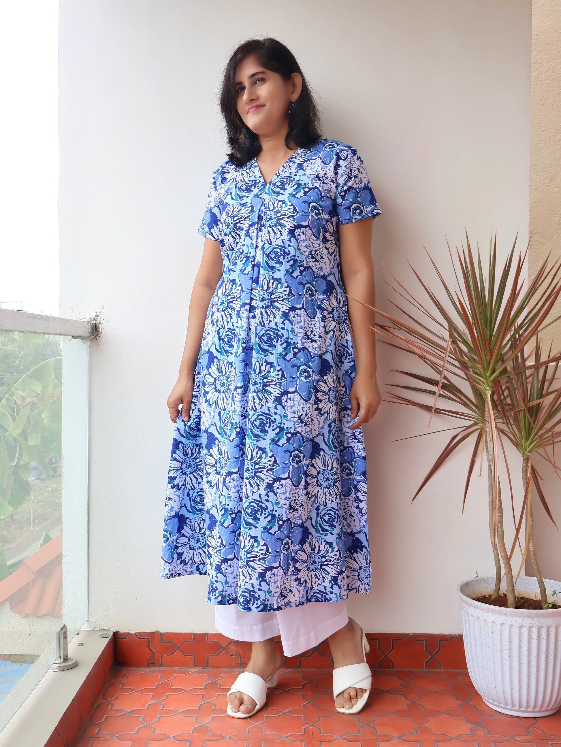 Blue Bloom Block Printed Cotton Aline Kurta