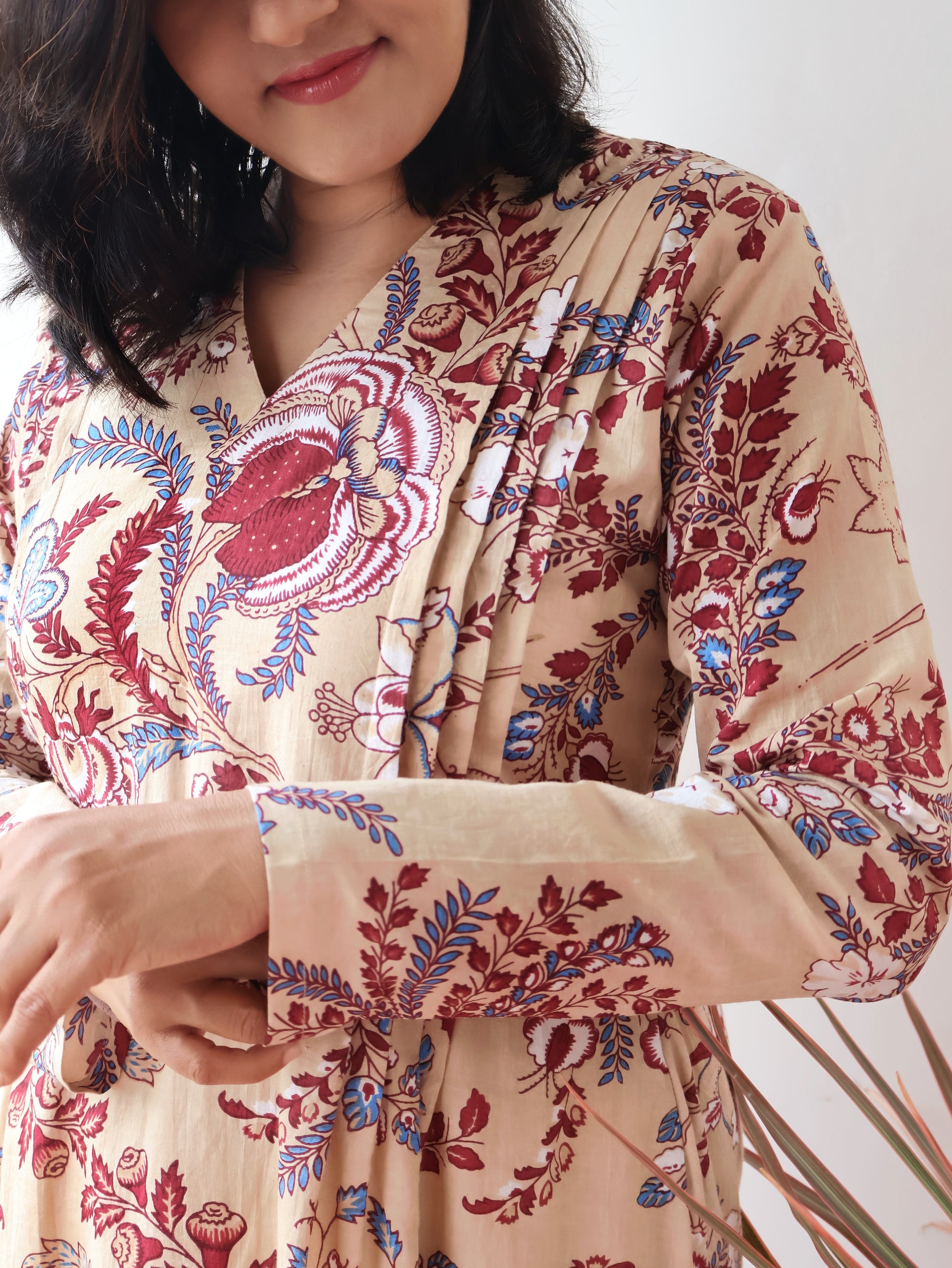 Beige Burgundy Floral Pintuck Aline Cotton Kurta