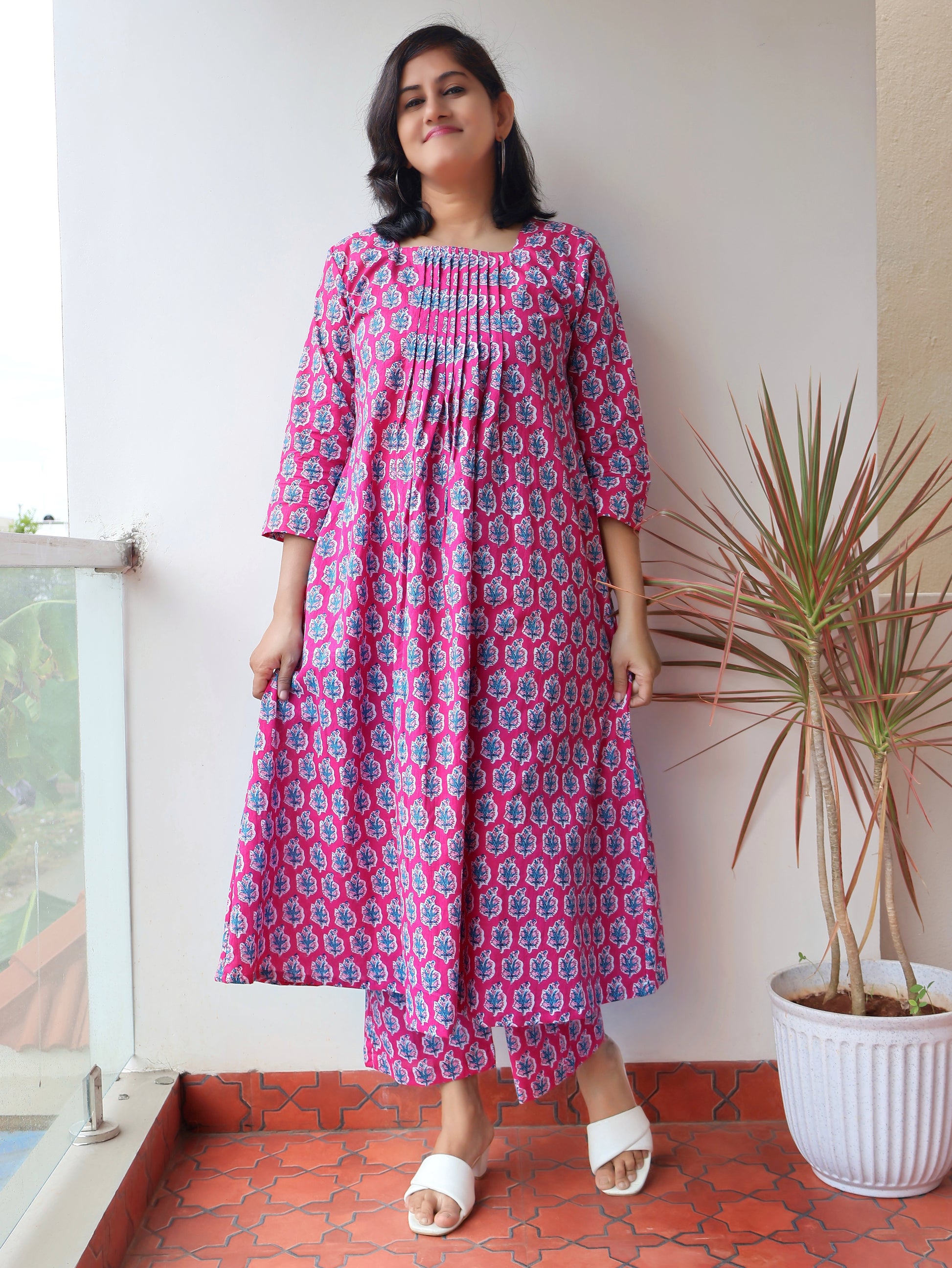 Pink Periwinkle Cotton Pintuck Aline Kurta with Pants