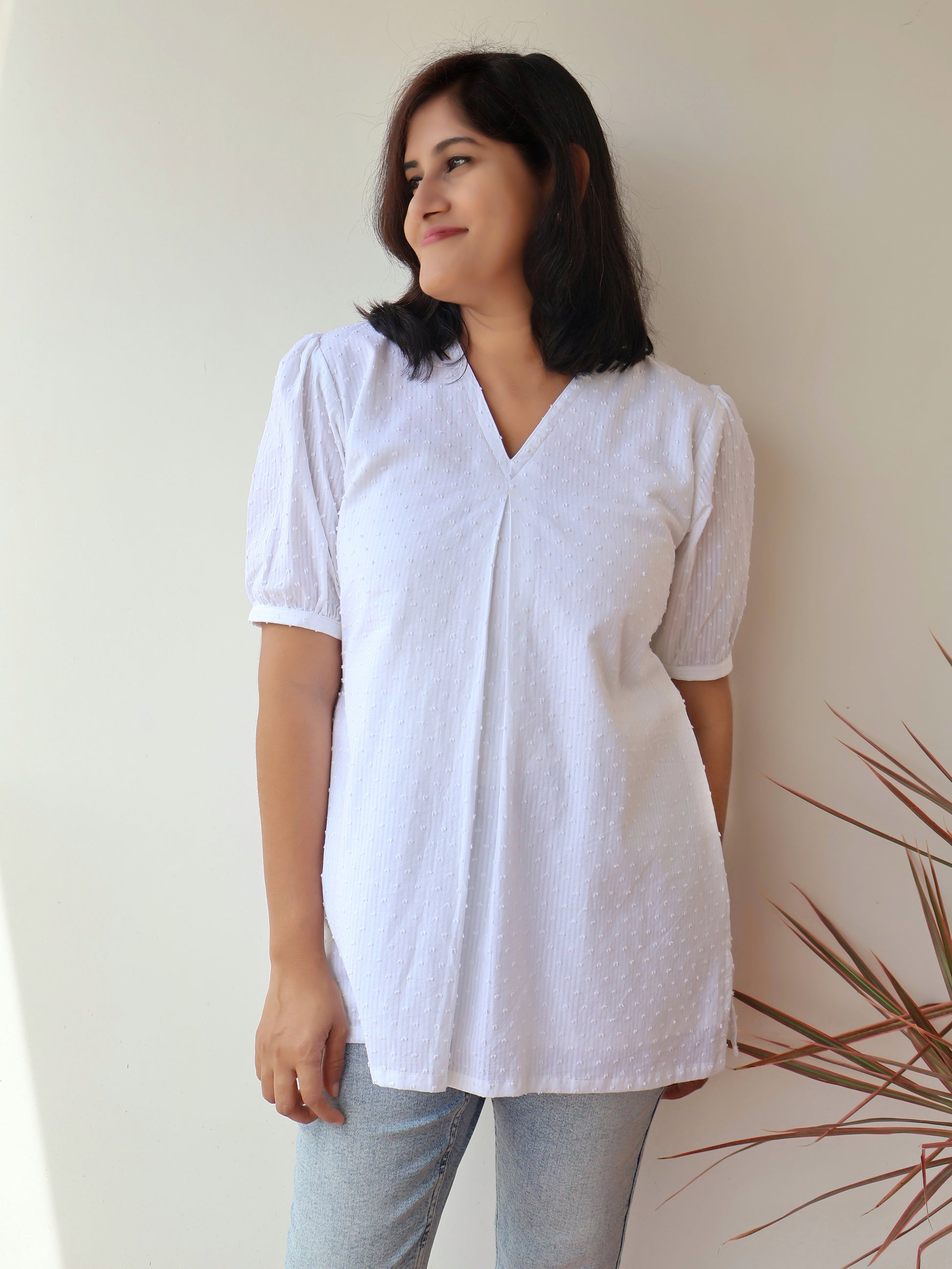 White Puff & Pleats Cotton Short Top with Cotton Lining