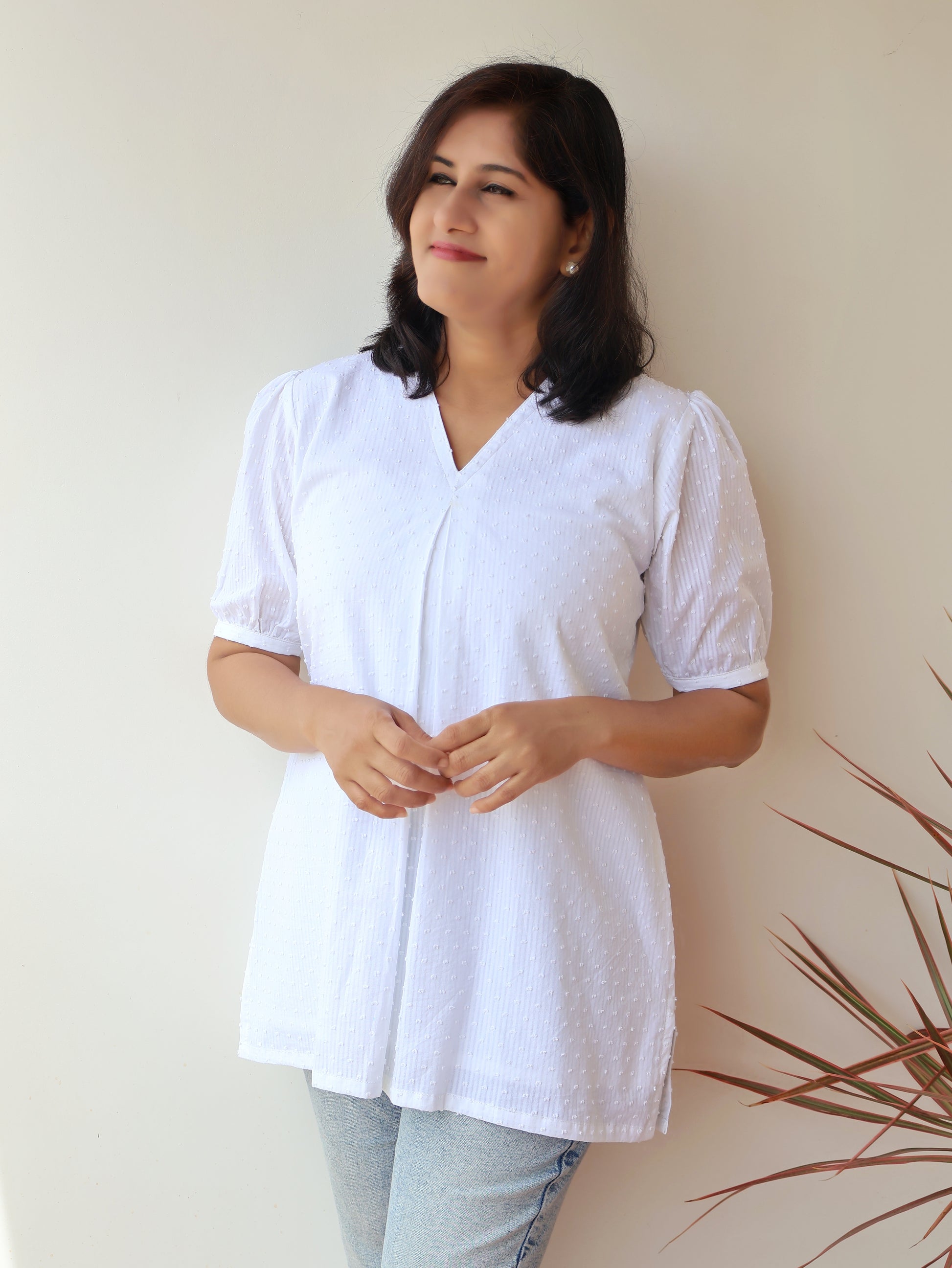 White Puff & Pleats Cotton Short Top with Cotton Lining