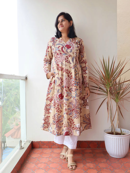 Beige Burgundy Floral Pintuck Aline Cotton Kurta