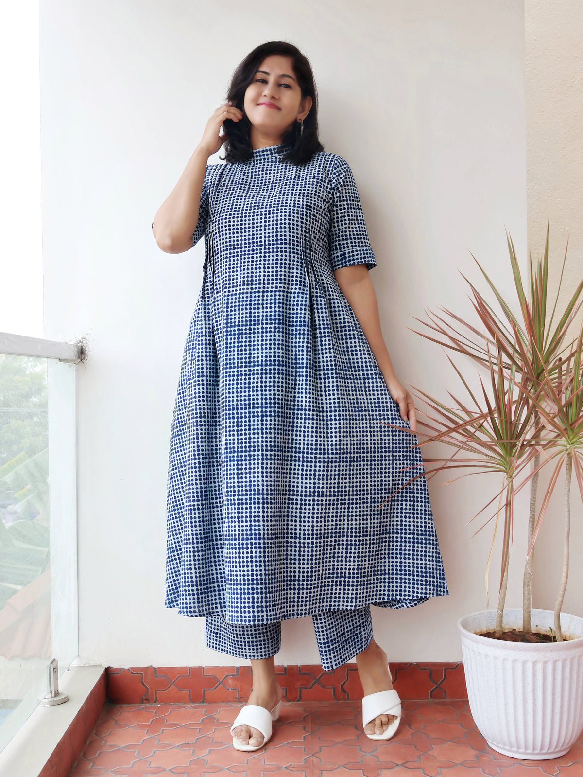 Indigo Blue Dots Hand Block Cotton Kurta Set