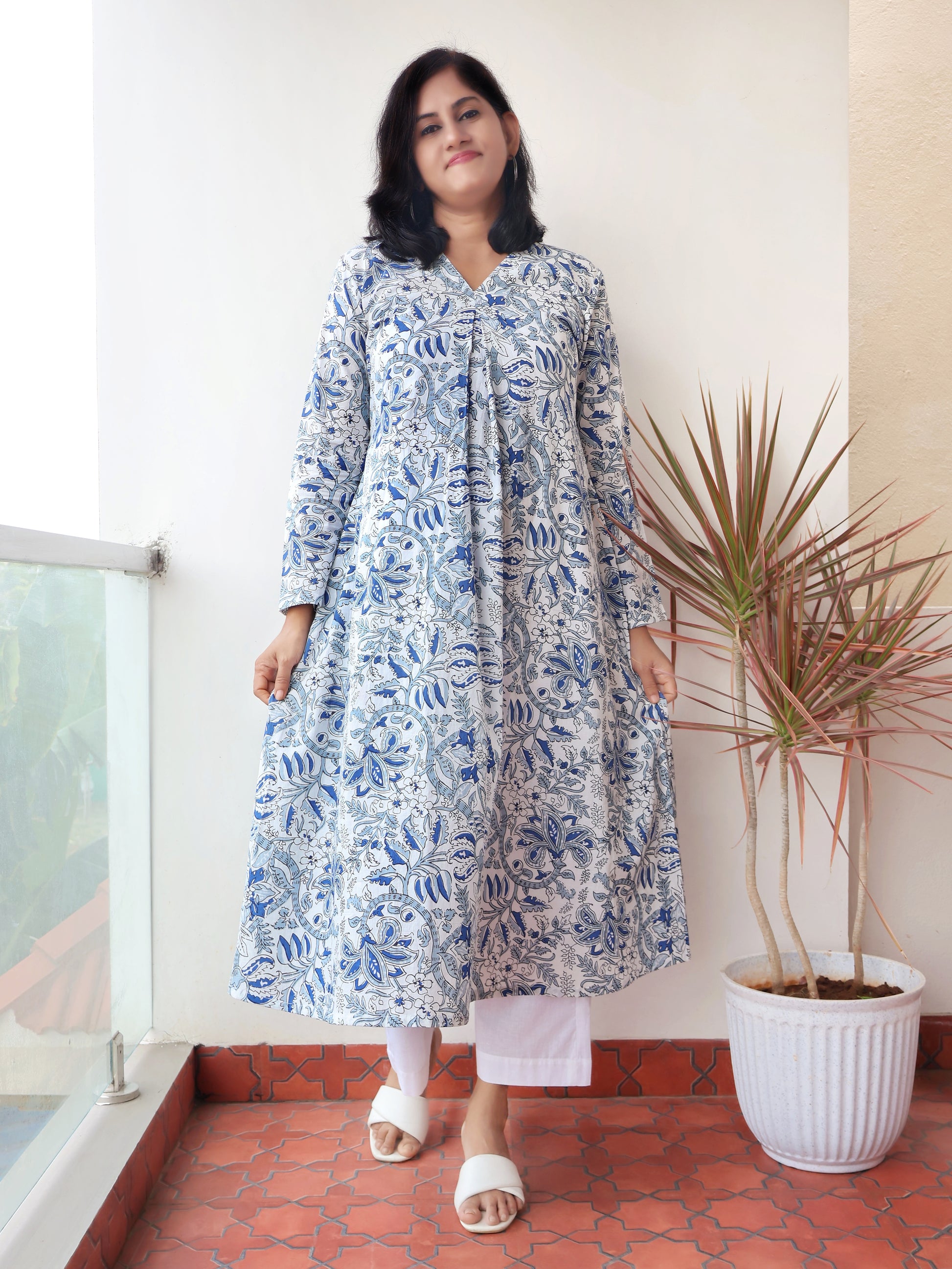 White Mist Blue Blossoms Aline Cotton Kurta