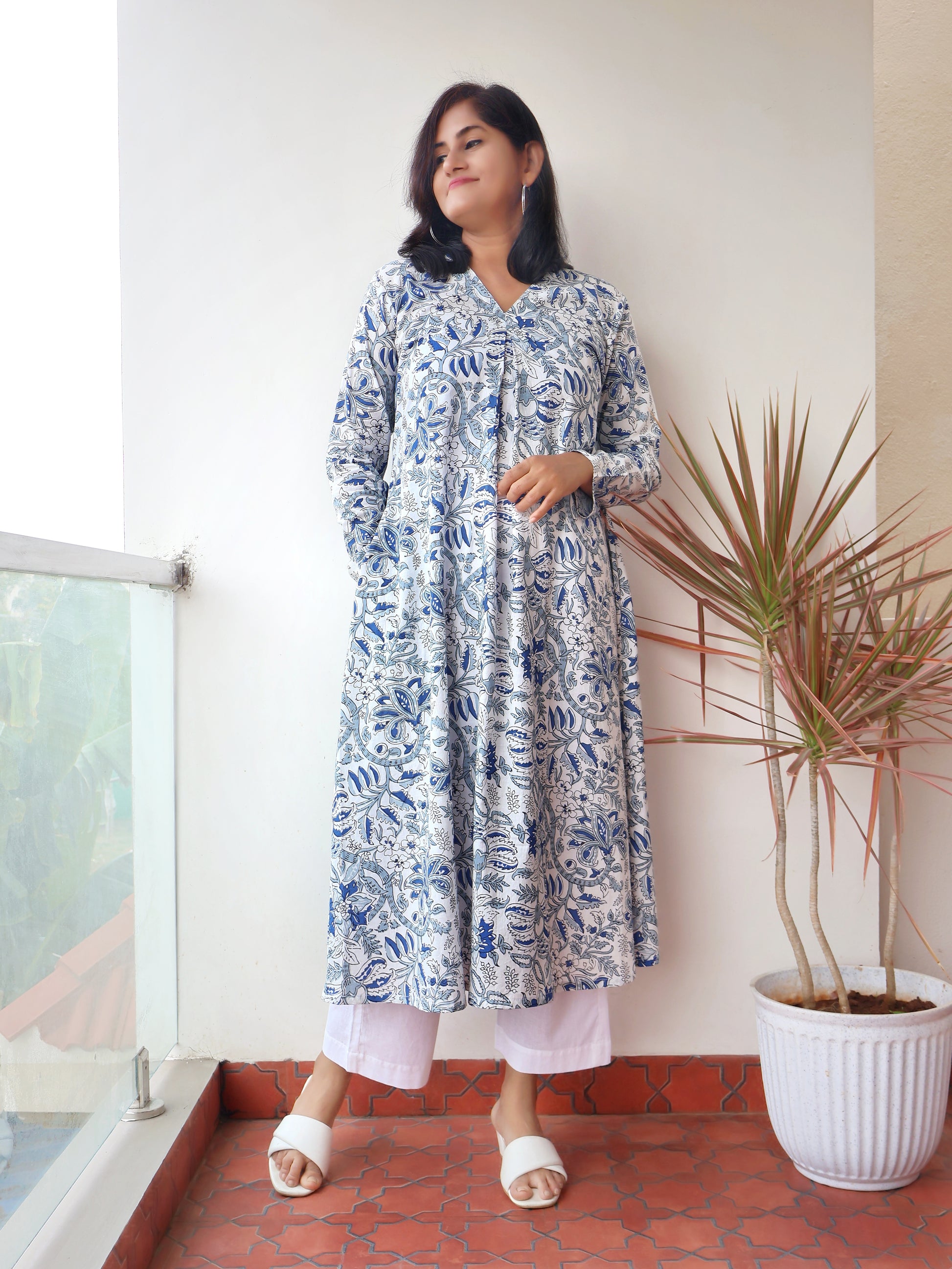White Mist Blue Blossoms Aline Cotton Kurta