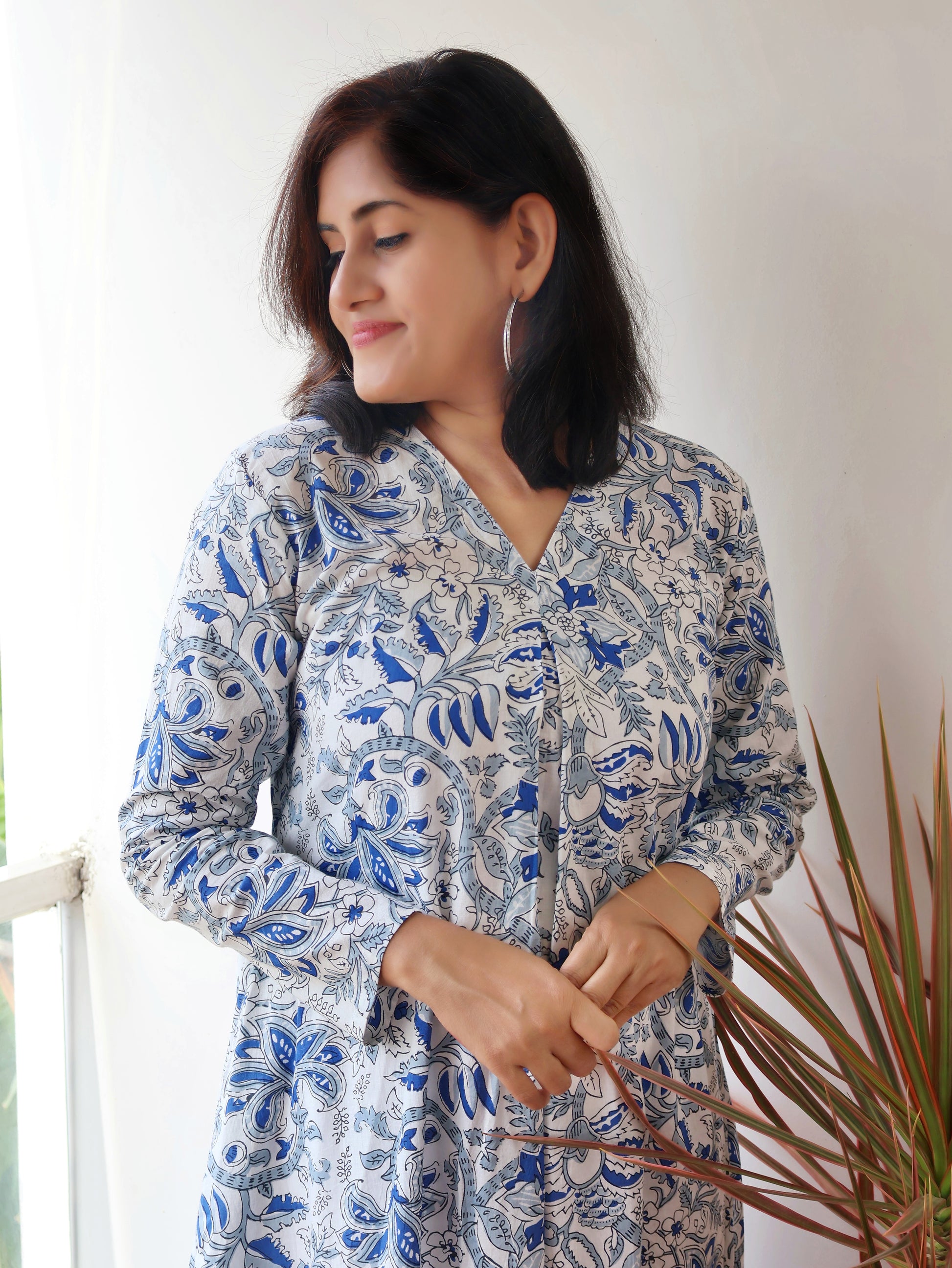 White Mist Blue Blossoms Aline Cotton Kurta