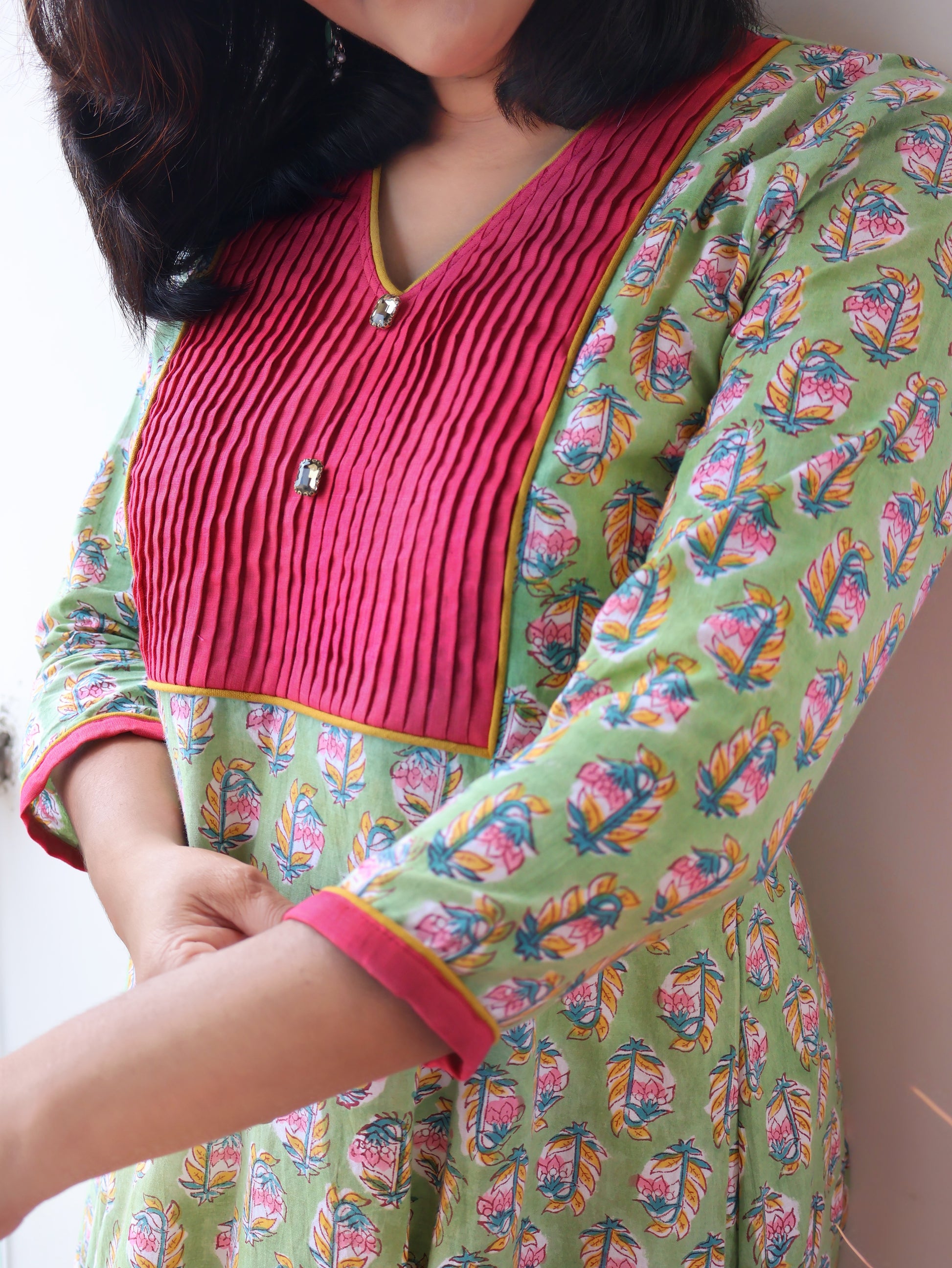 Zinnia Green Sanganeri Hand Block Cotton Kurta
