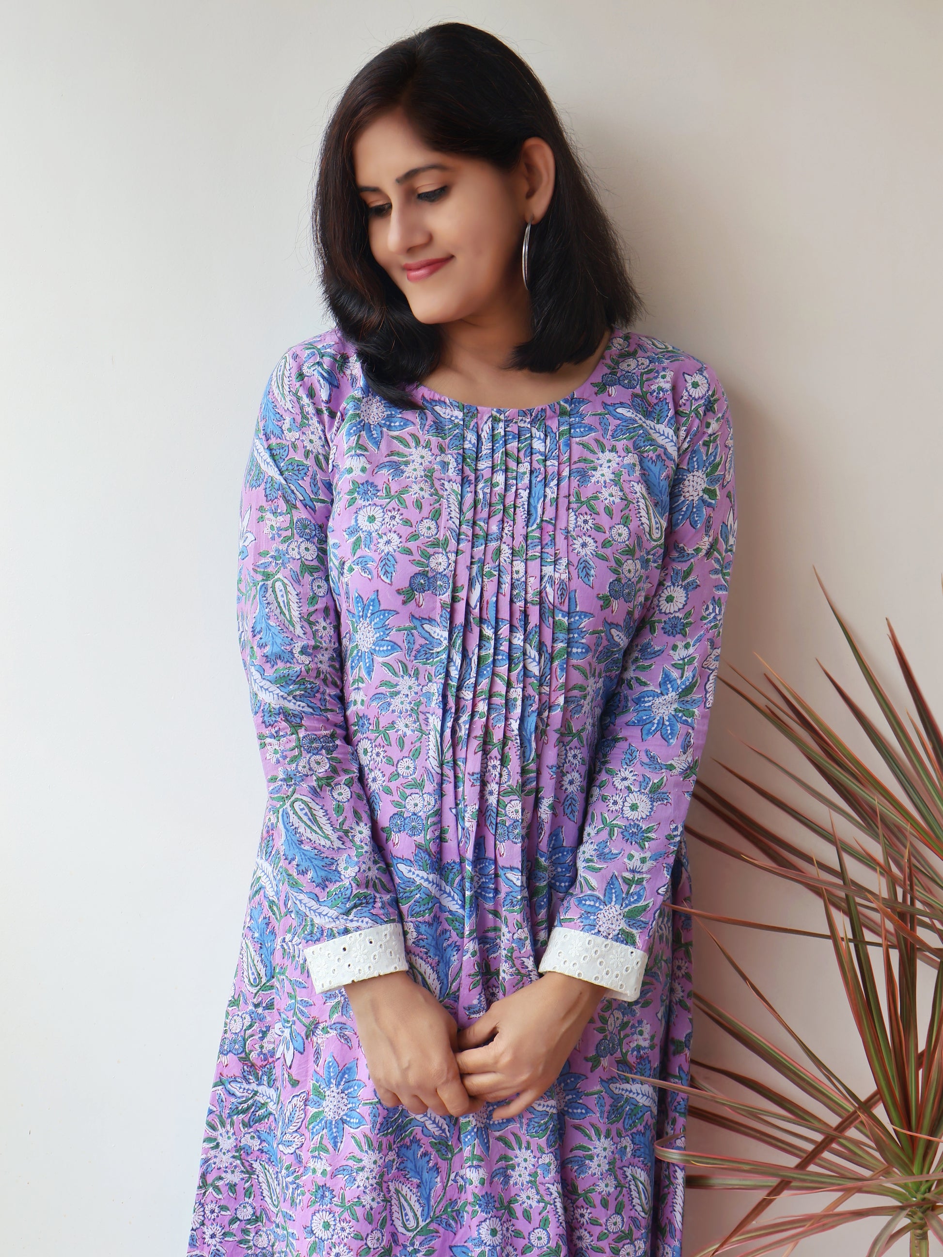 Iris Purple Sanganeri Hand Block Aline Cotton Kurta