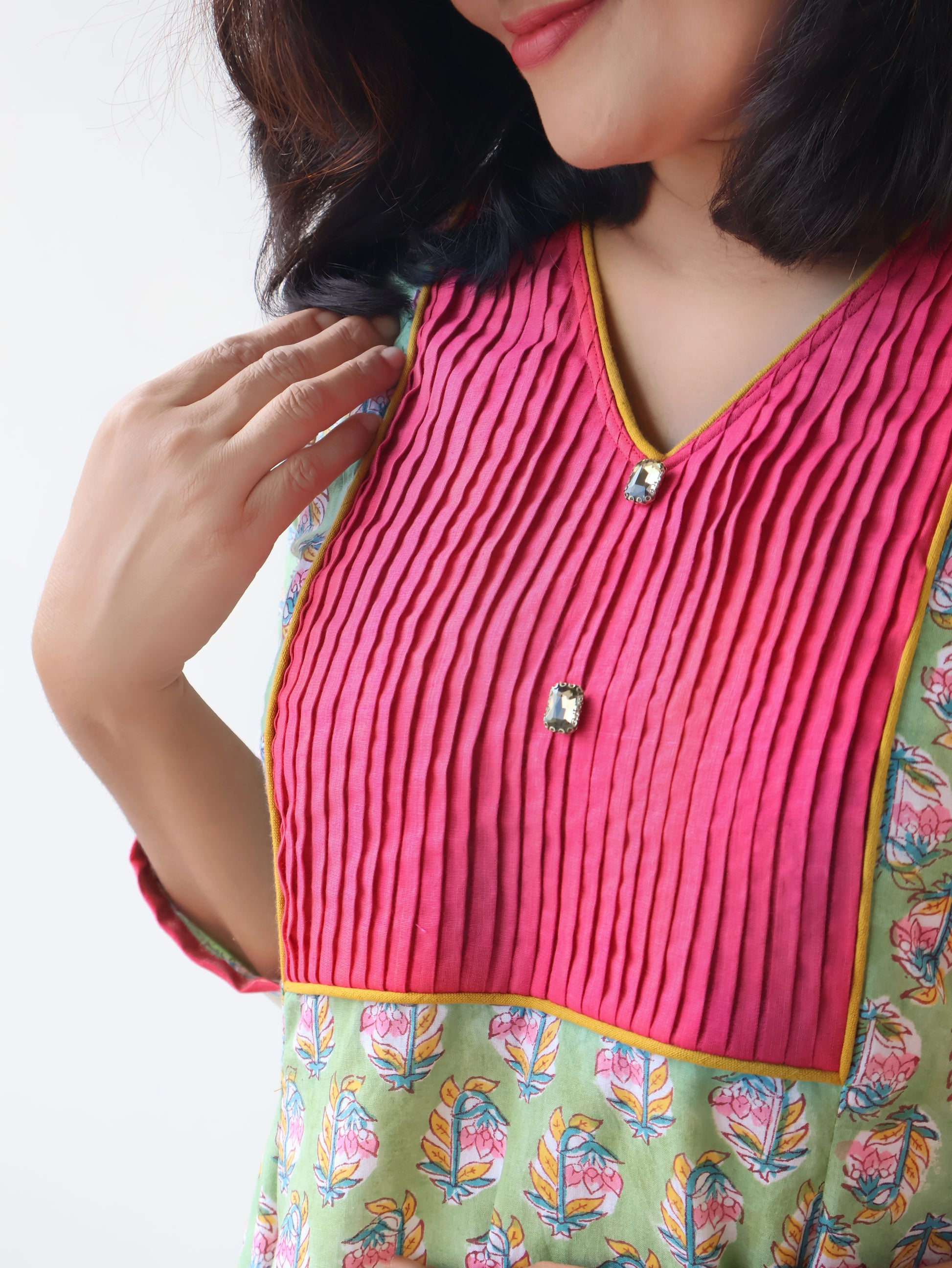 Zinnia Green Sanganeri Hand Block Cotton Kurta