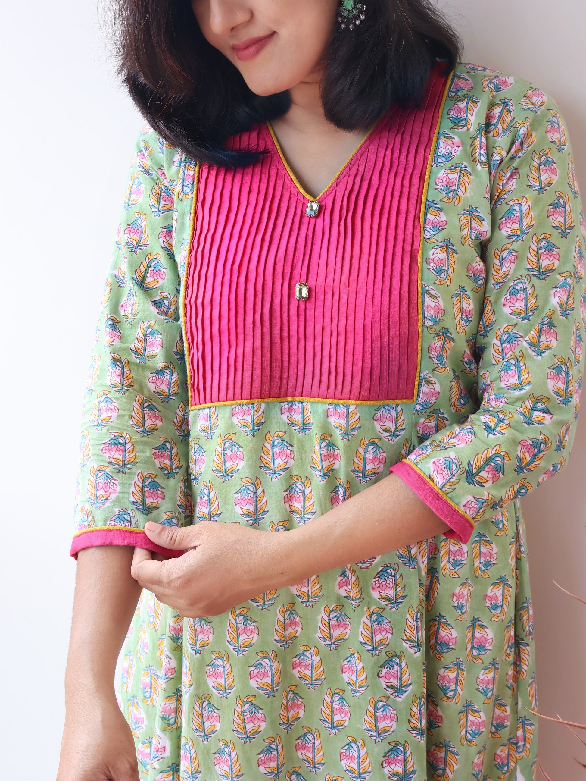 Zinnia Green Sanganeri Hand Block Cotton Kurta