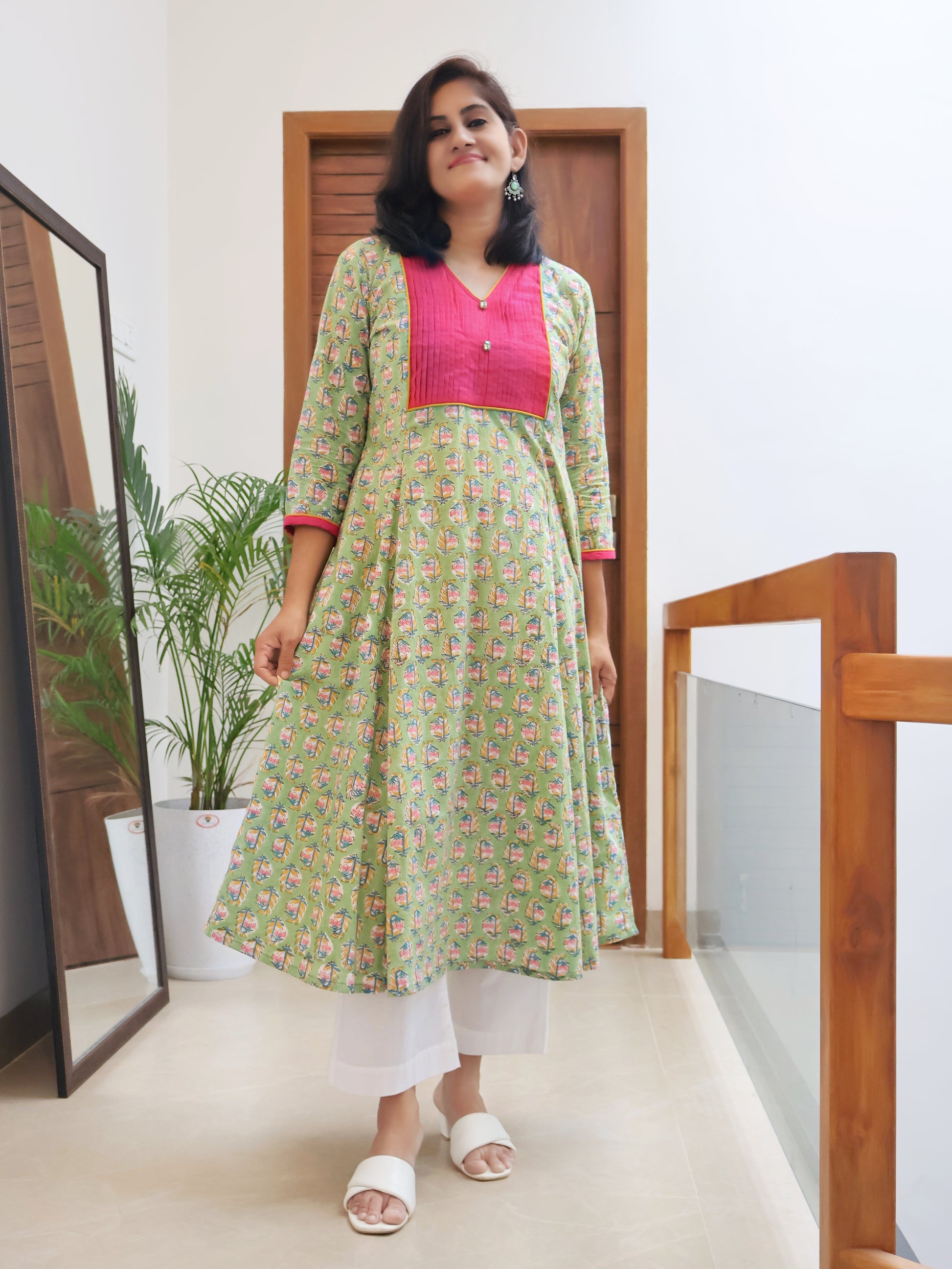 Zinnia Green Sanganeri Hand Block Cotton Kurta