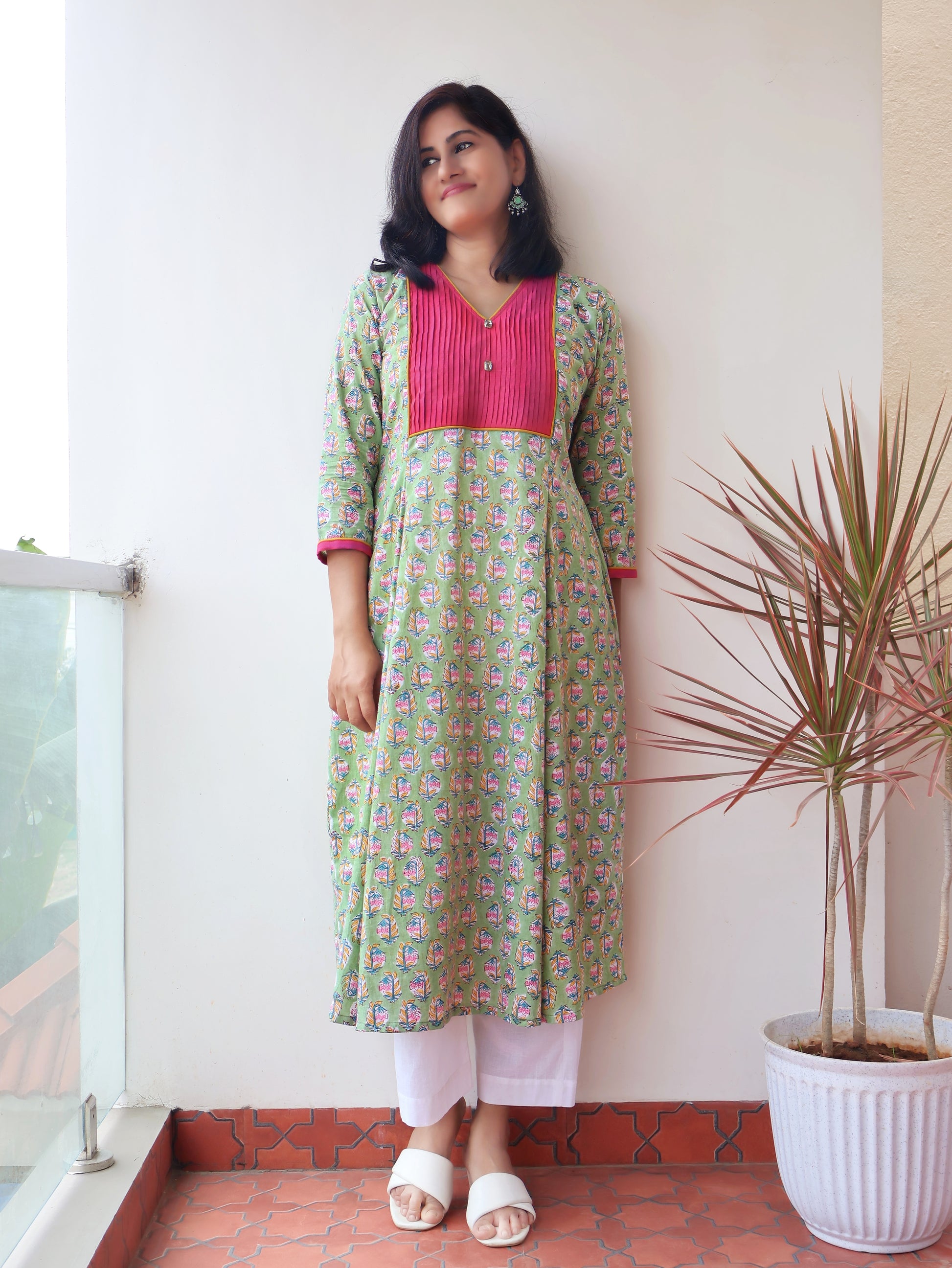Zinnia Green Sanganeri Hand Block Cotton Kurta