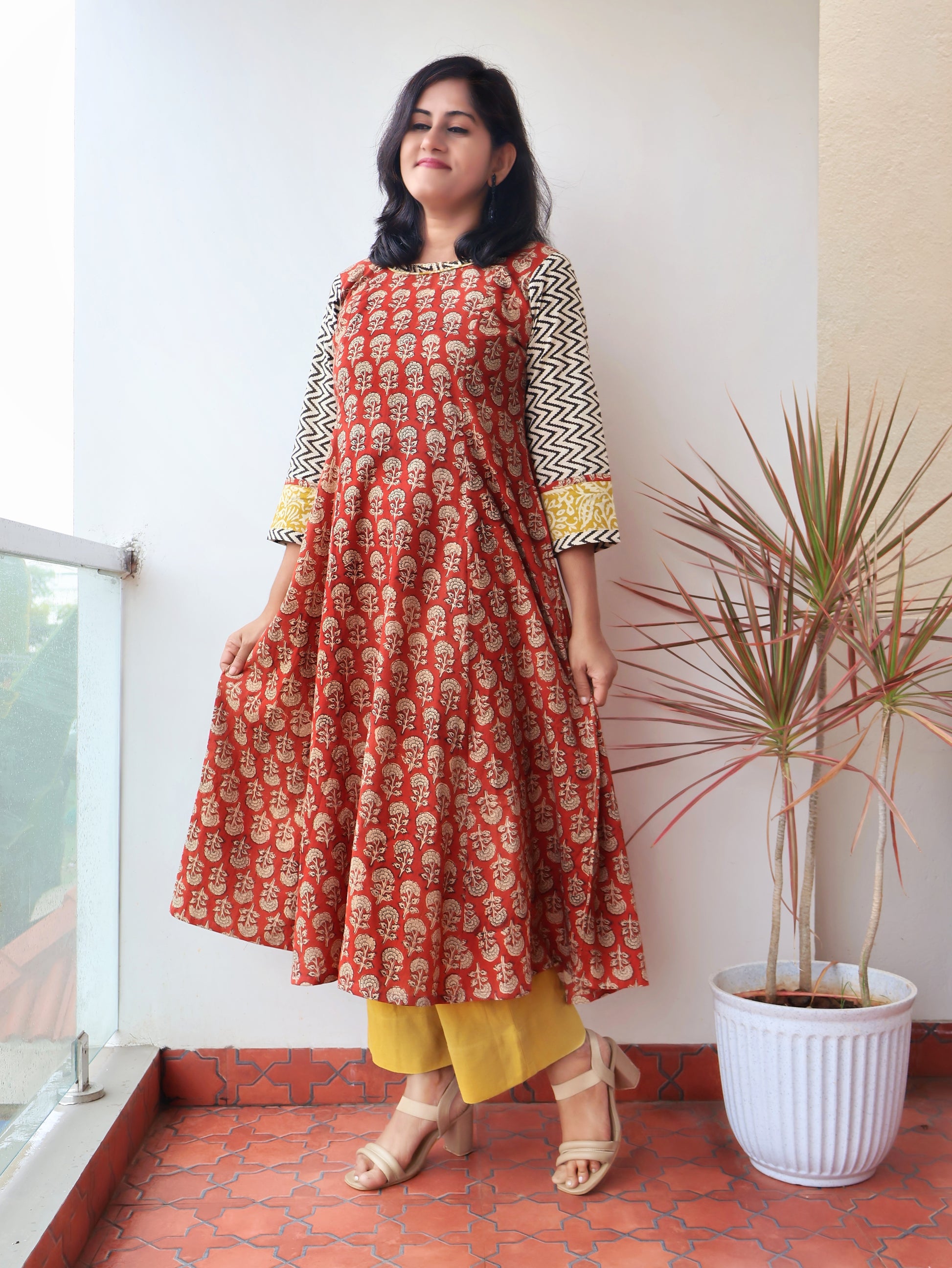 Red Coral Bagru Hand Block Cotton Kurta