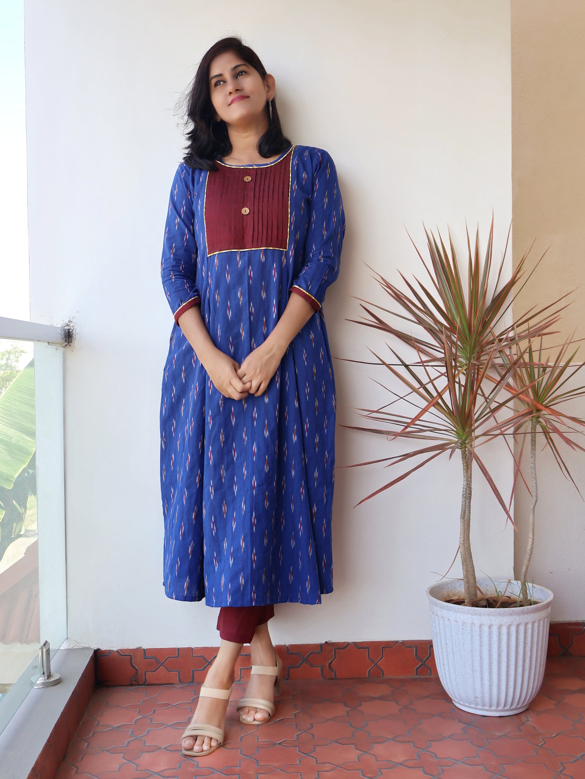 Blue Brilliance  Handloom Ikkat Cotton Kurta with Pintuck Yoke