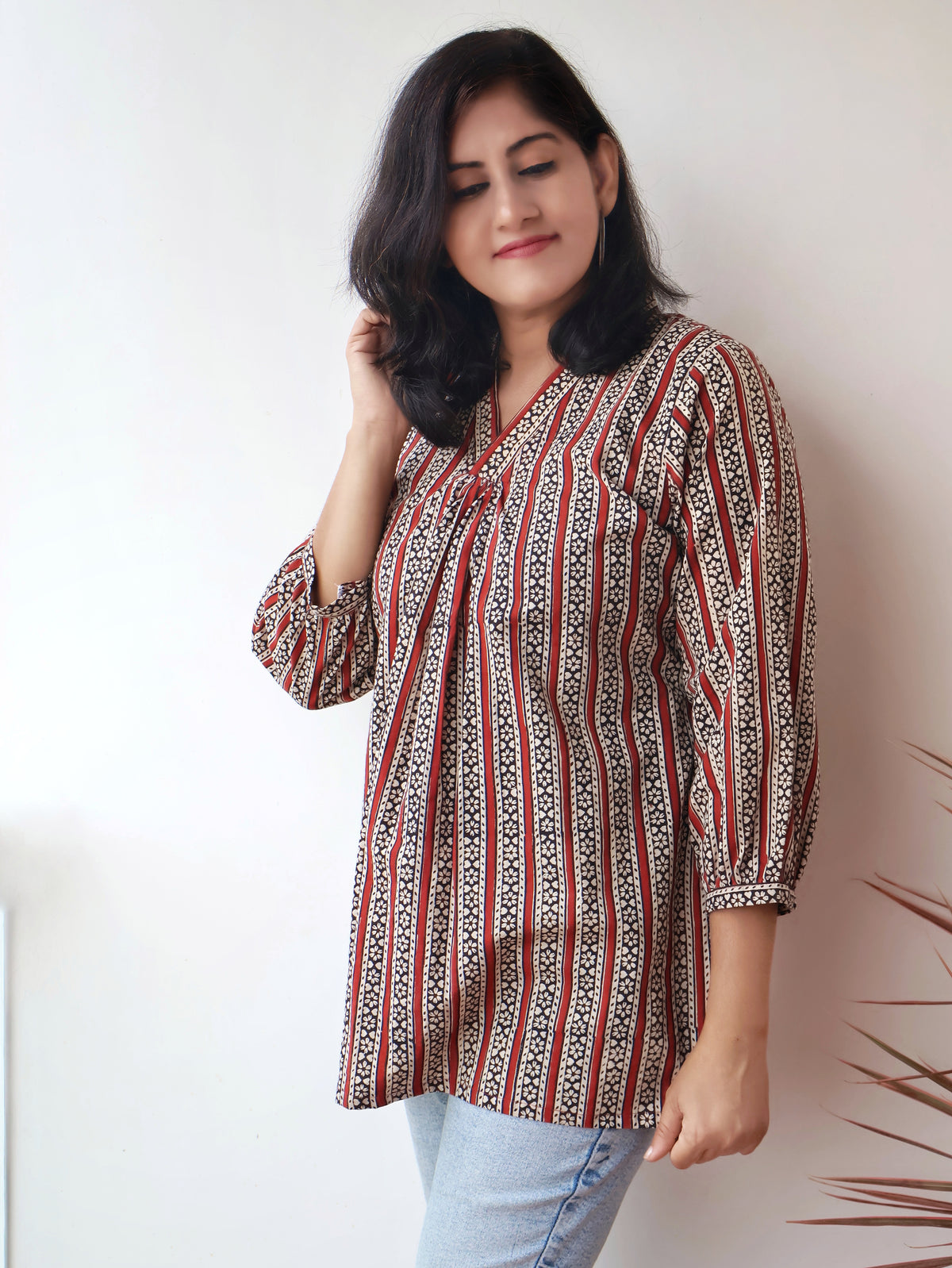 Mira Maroon Bagru Hand Block Cotton Short Top