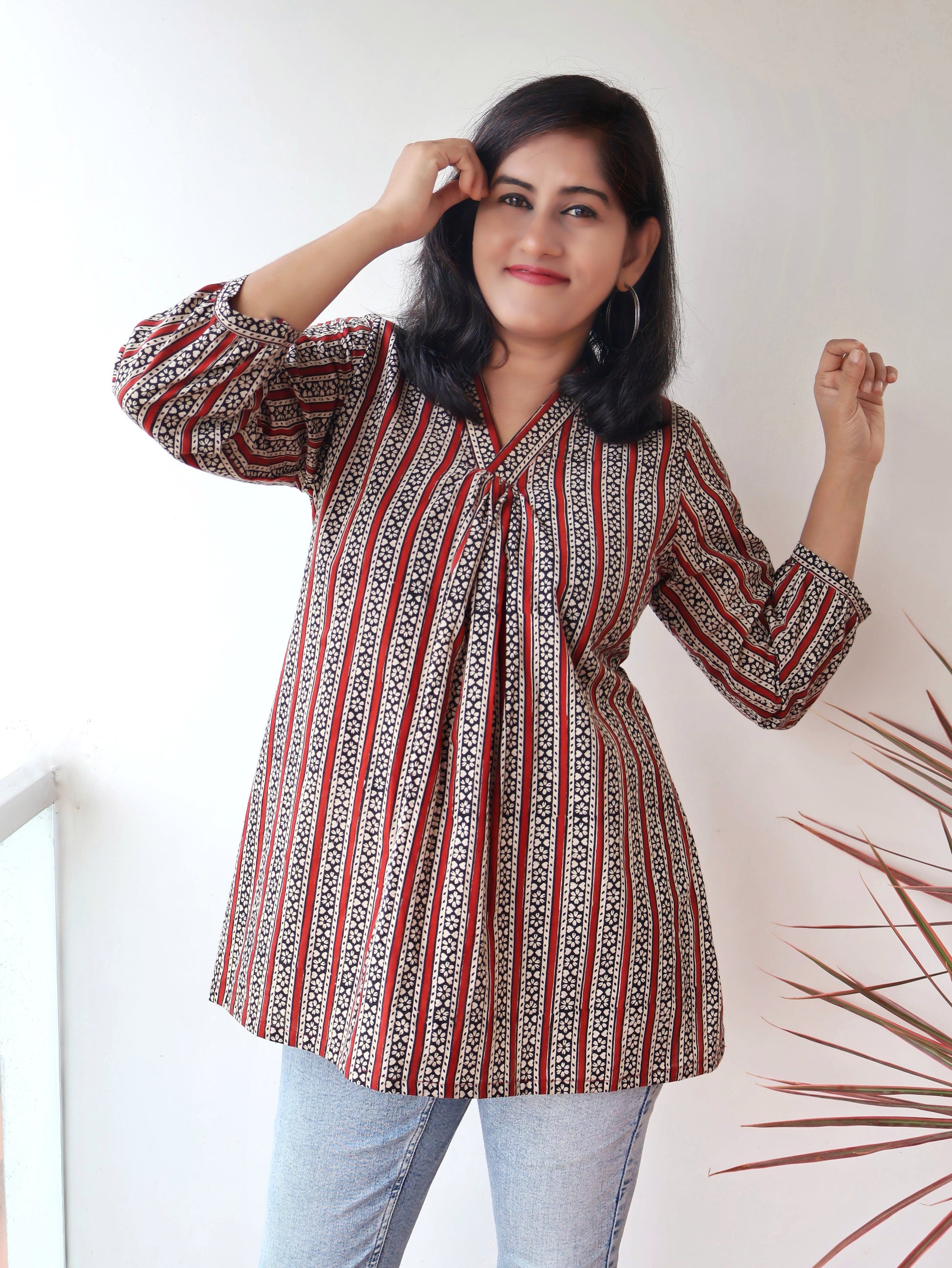 Mira Maroon Bagru Hand Block Cotton Short Top