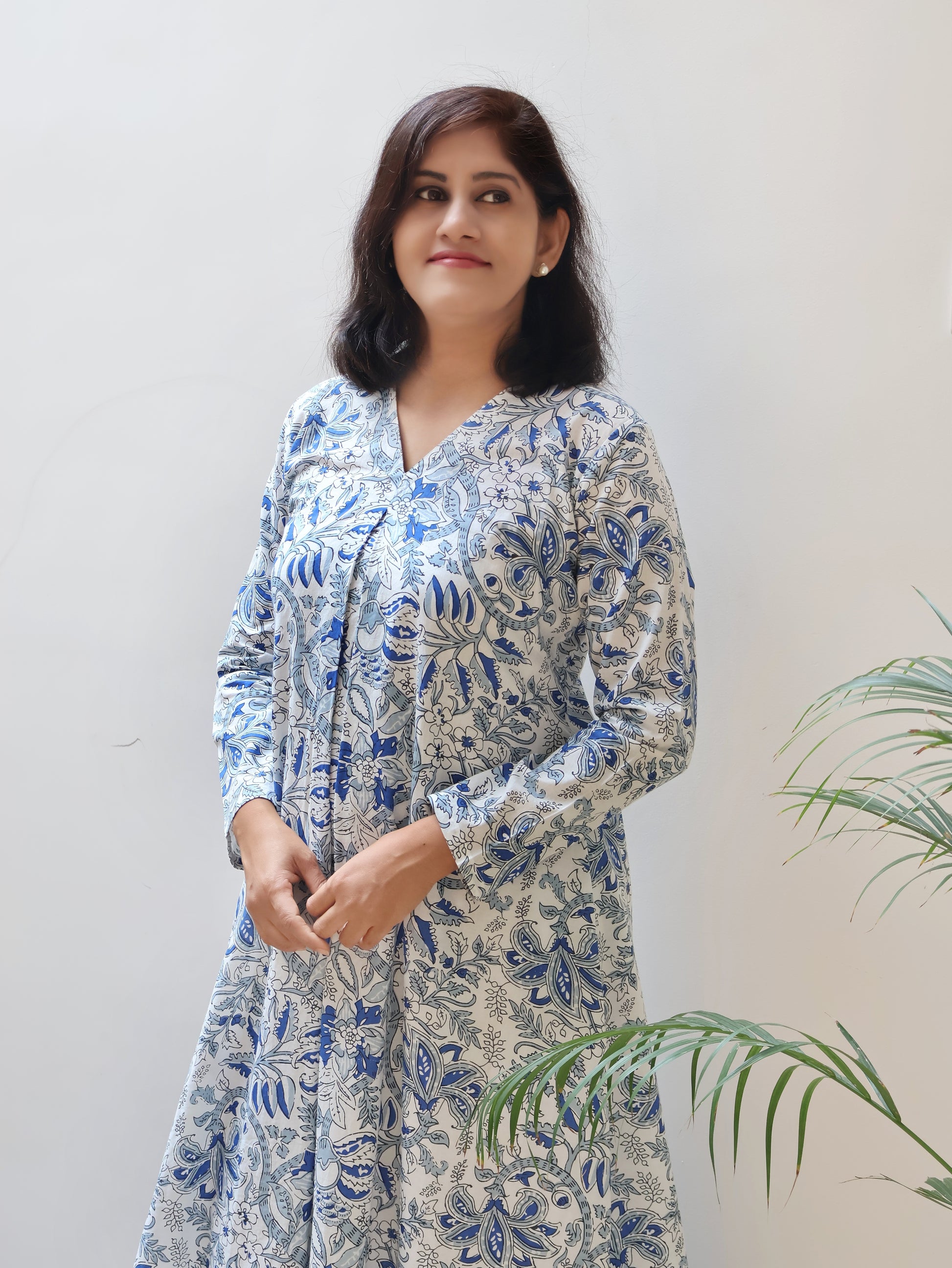 White Blue Blossoms Aline Cotton Kurta
