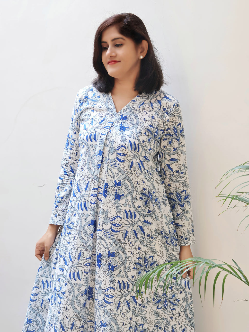 White Blue Blossoms Aline Cotton Kurta