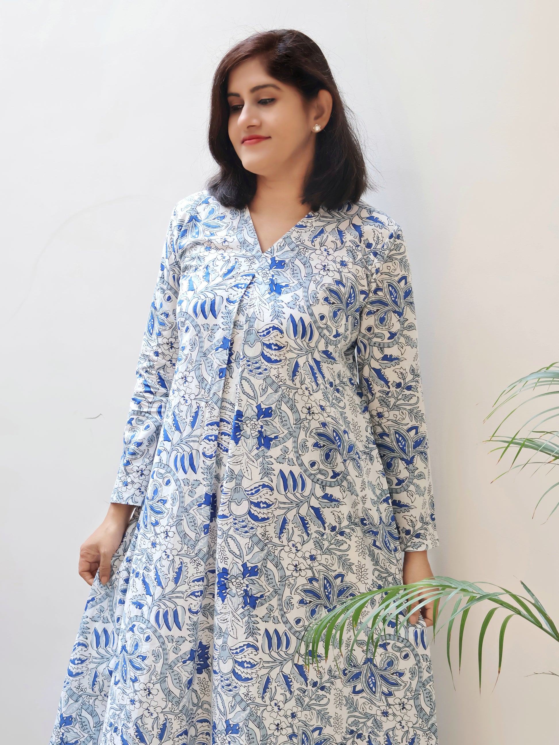 White Blue Blossoms Aline Cotton Kurta