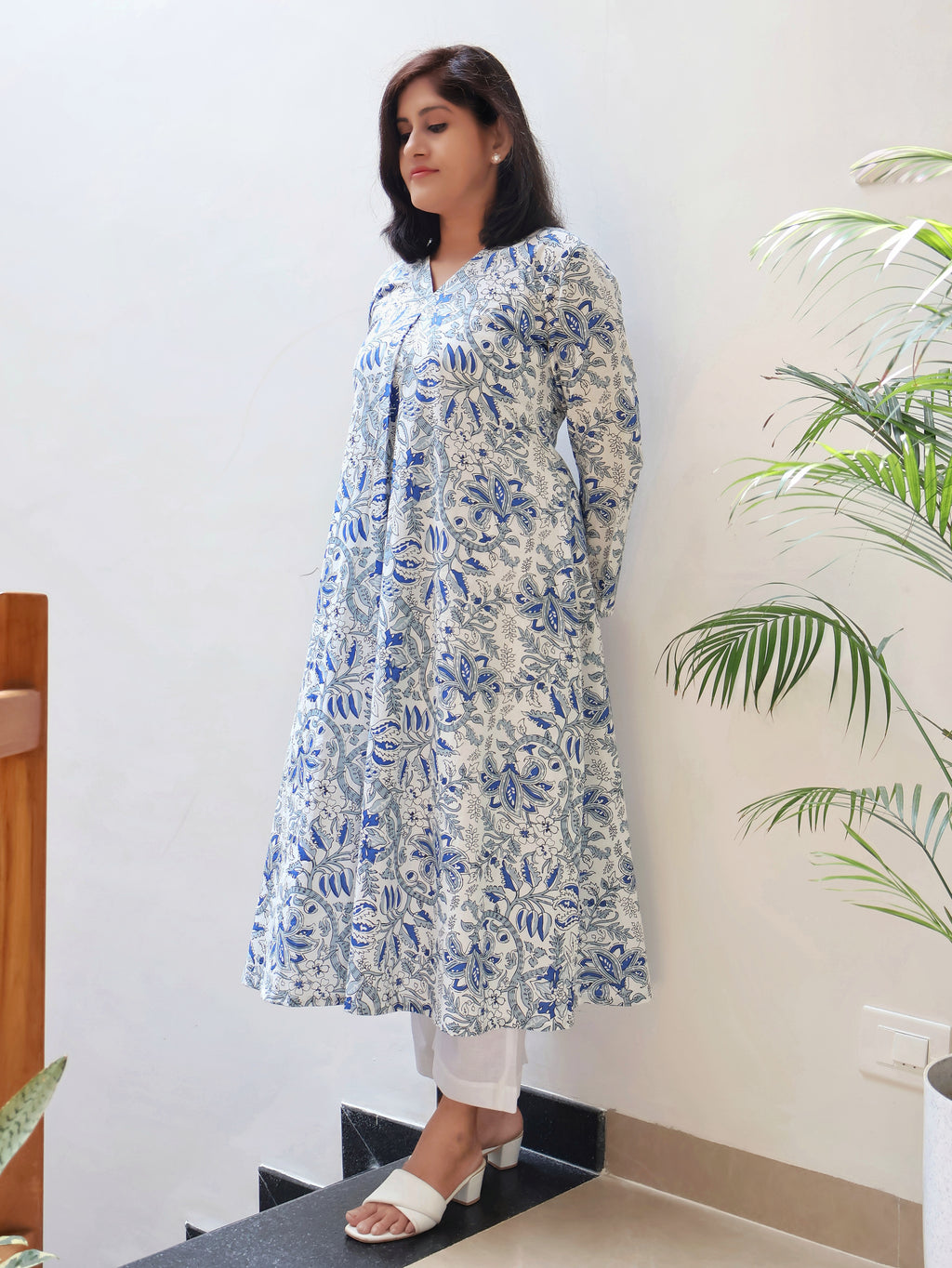 White Blue Blossoms Aline Cotton Kurta