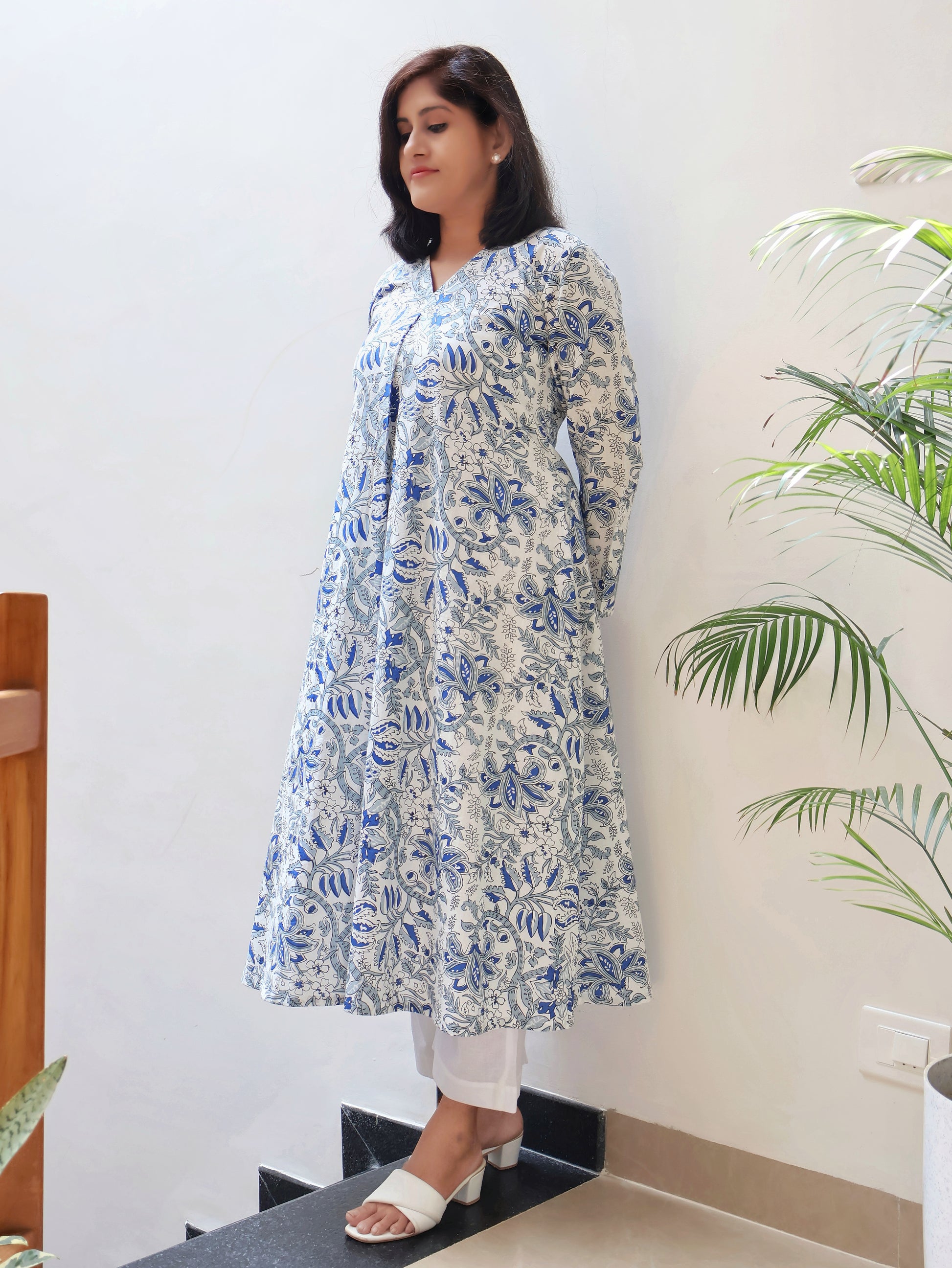 White Blue Blossoms Aline Cotton Kurta