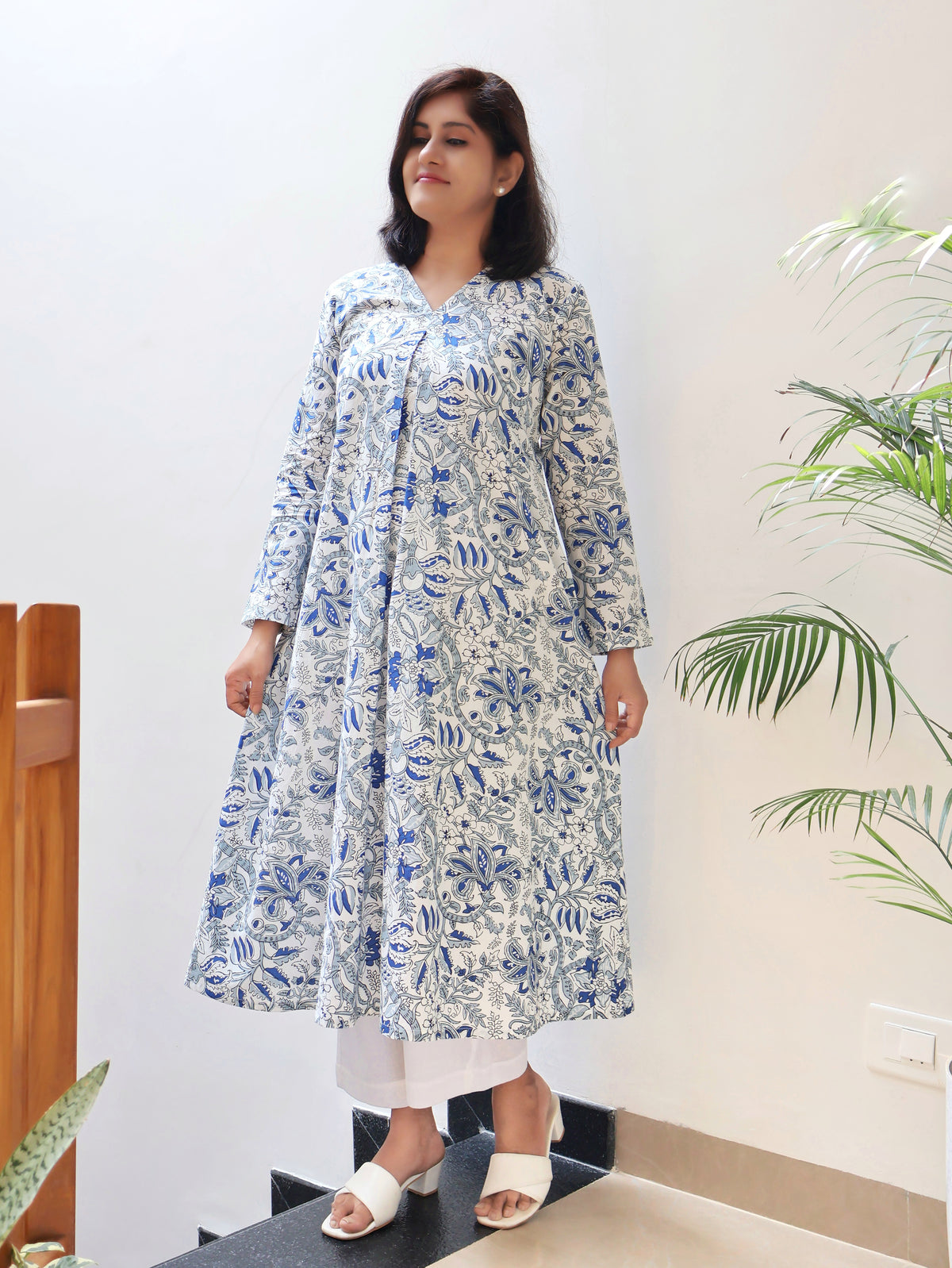 White Blue Blossoms Aline Cotton Kurta