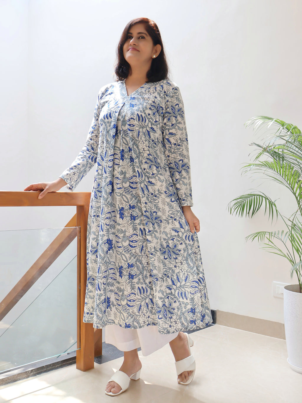 White Blue Blossoms Aline Cotton Kurta