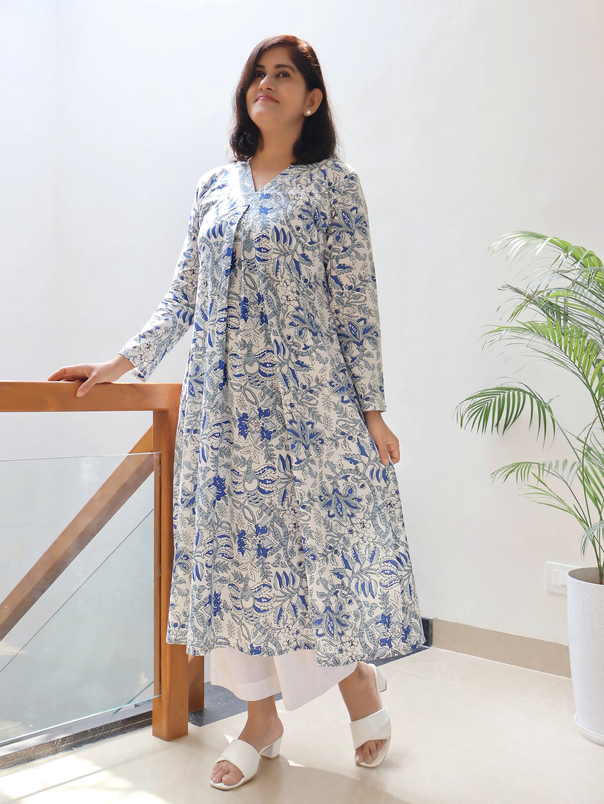 White Blue Blossoms Aline Cotton Kurta