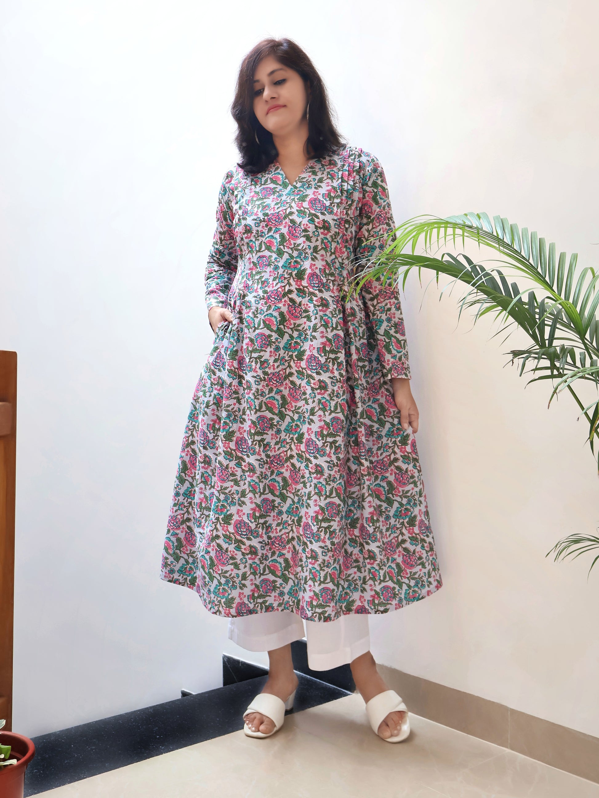 Pastel Blue Pintuck Cotton Aline Kurta with full sleeves