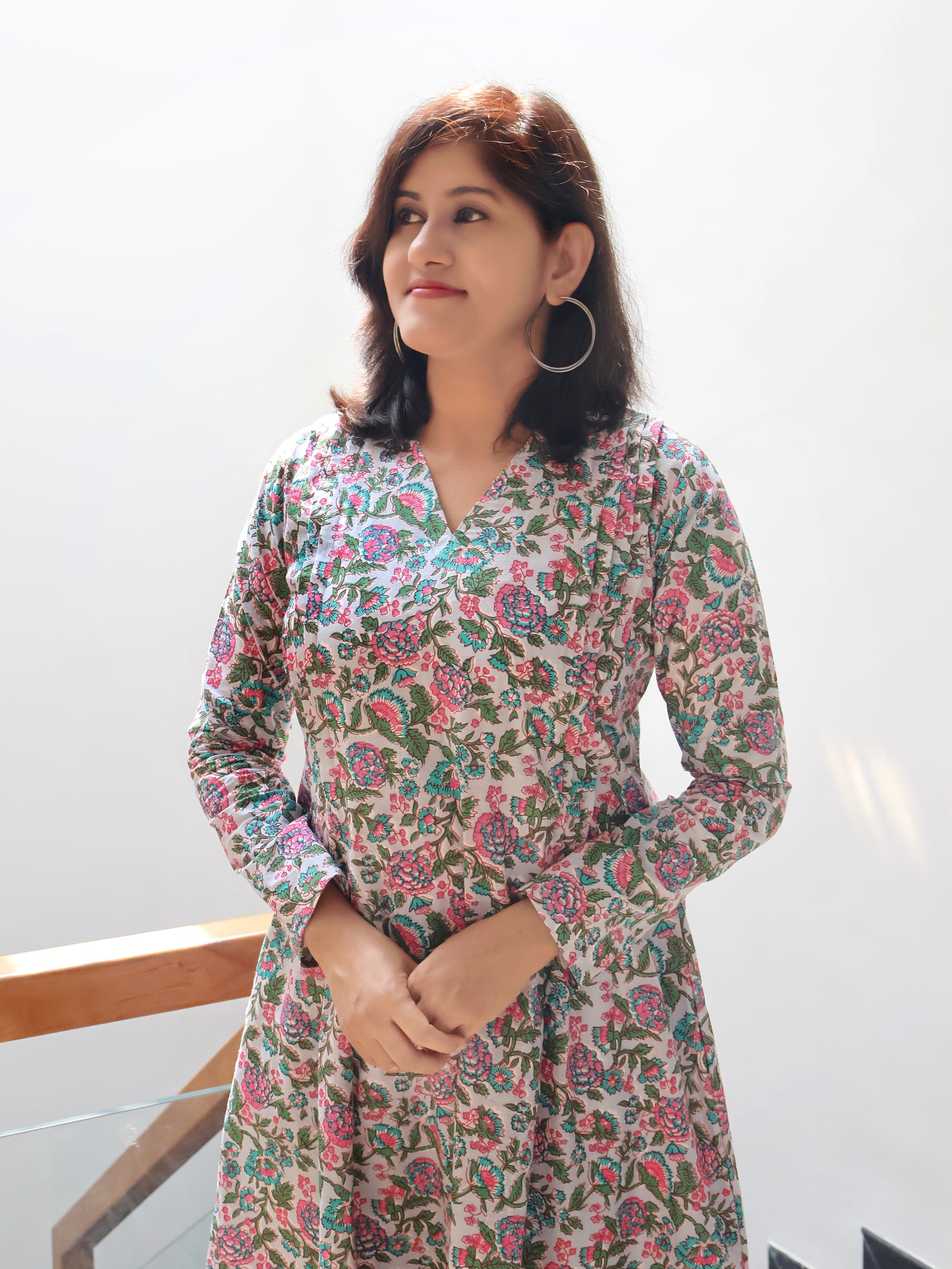 Pastel Blue Pintuck Cotton Aline Kurta with full sleeves