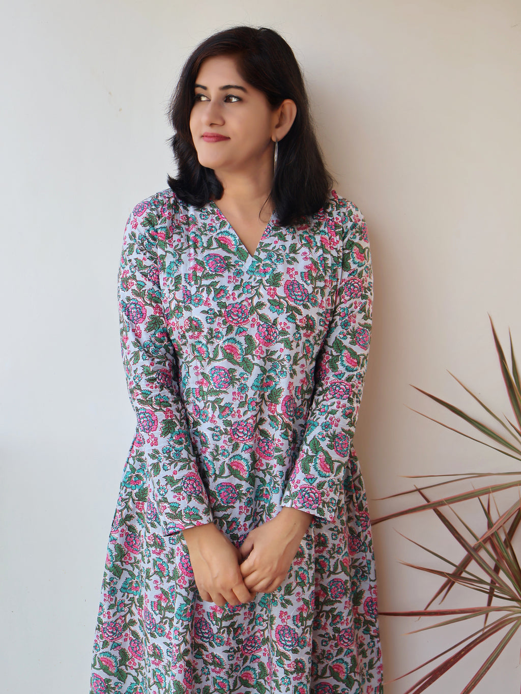 Pastel Blue Pintuck Cotton Aline Kurta with full sleeves